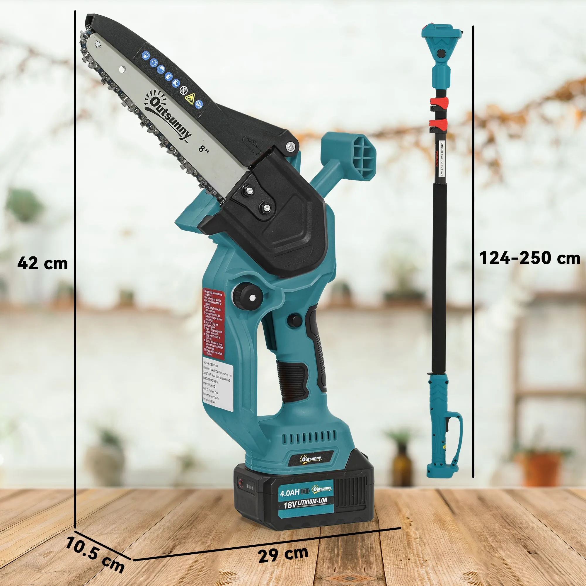 2-in-1 Cordless Chainsaw with Telescopic Pole, Brushless Motor, 2 Batteries and Safety Lock, Blue - Image 3
