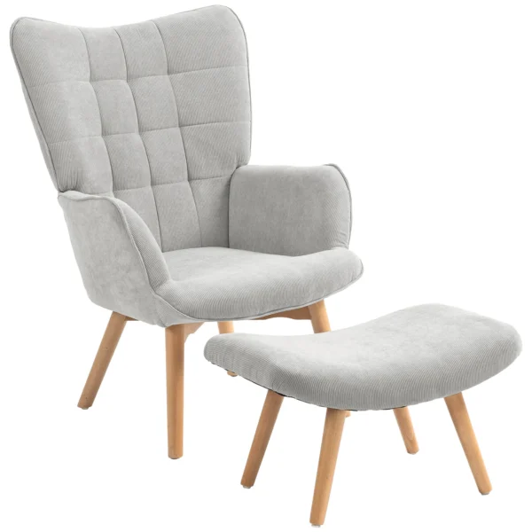 Relaxing Chair with Footstool in Corduroy with High Back and Armrests, Grey