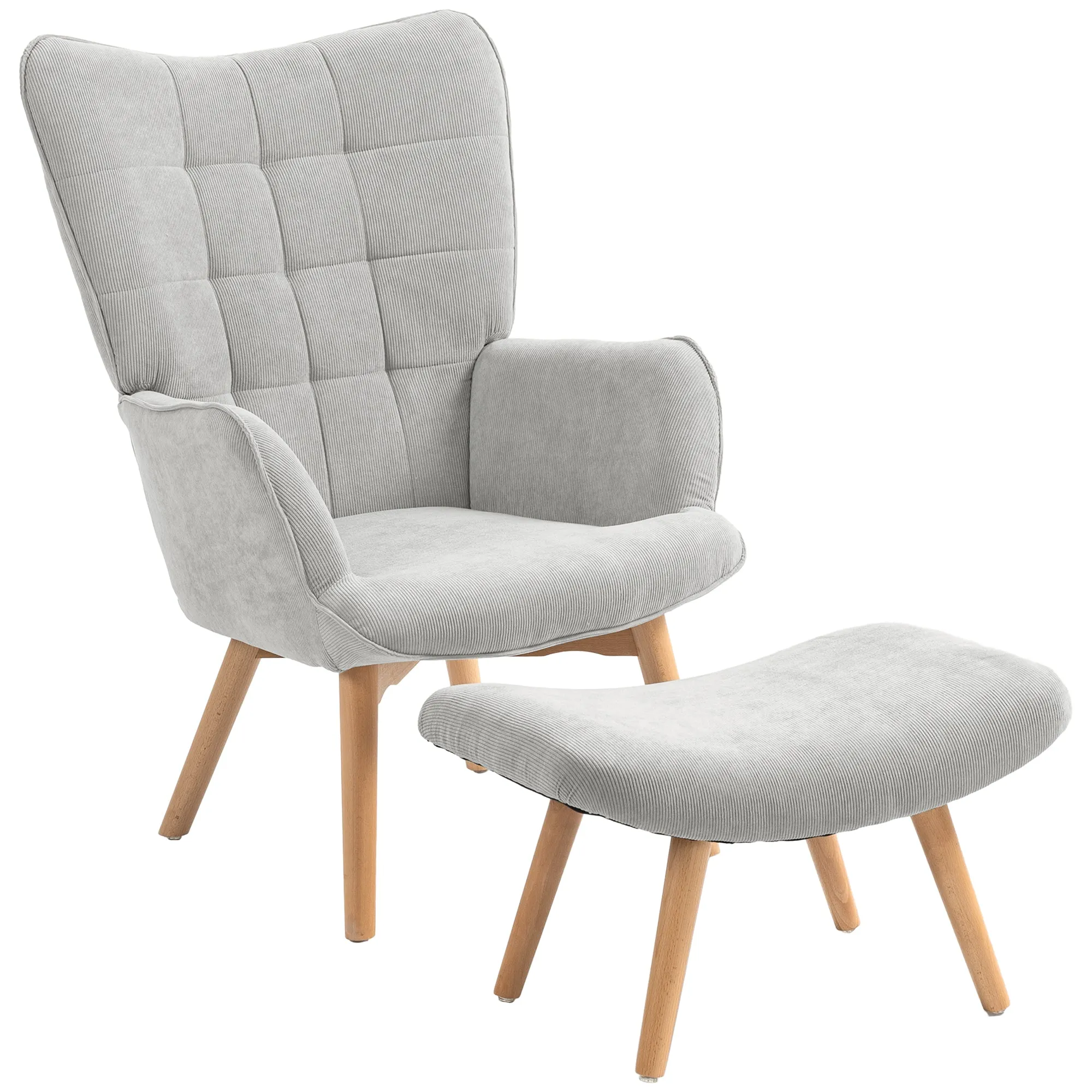 Relaxing Chair with Footstool in Corduroy with High Back and Armrests, Grey
