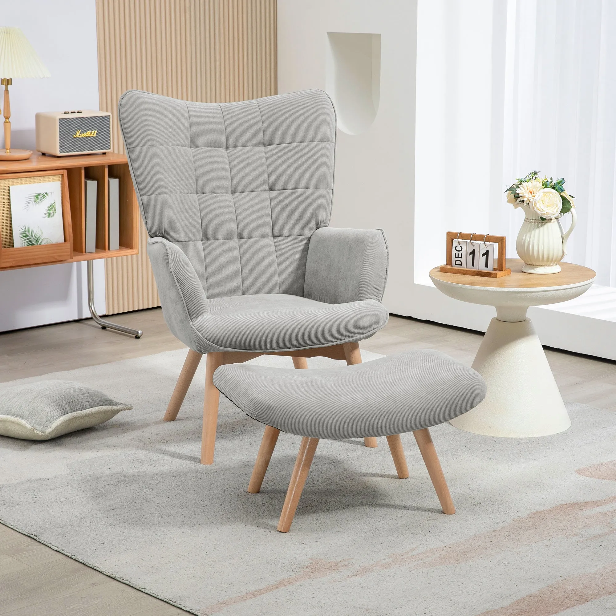 Relaxing Chair with Footstool in Corduroy with High Back and Armrests, Grey - Image 2