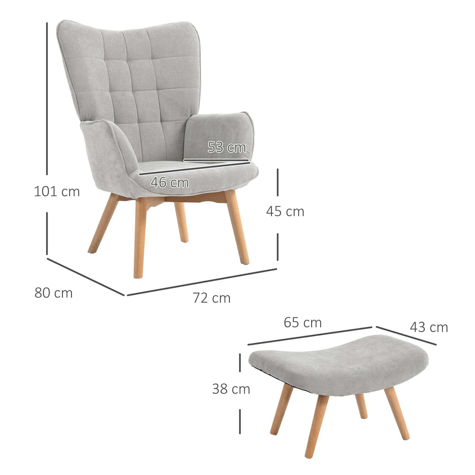 Relaxing Chair with Footstool in Corduroy with High Back and Armrests, Grey - Image 3