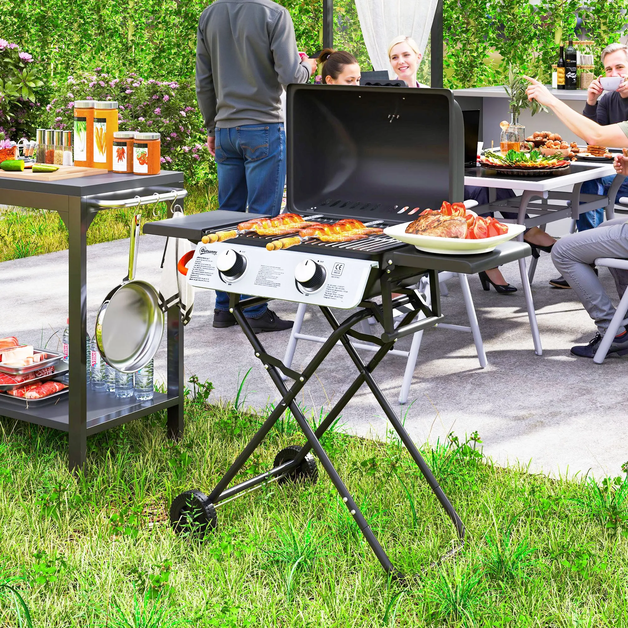 Portable Gas Barbecue with 2 Burners and 2 Side Tables, Lid with Thermometer and Wheels, Black - Image 2