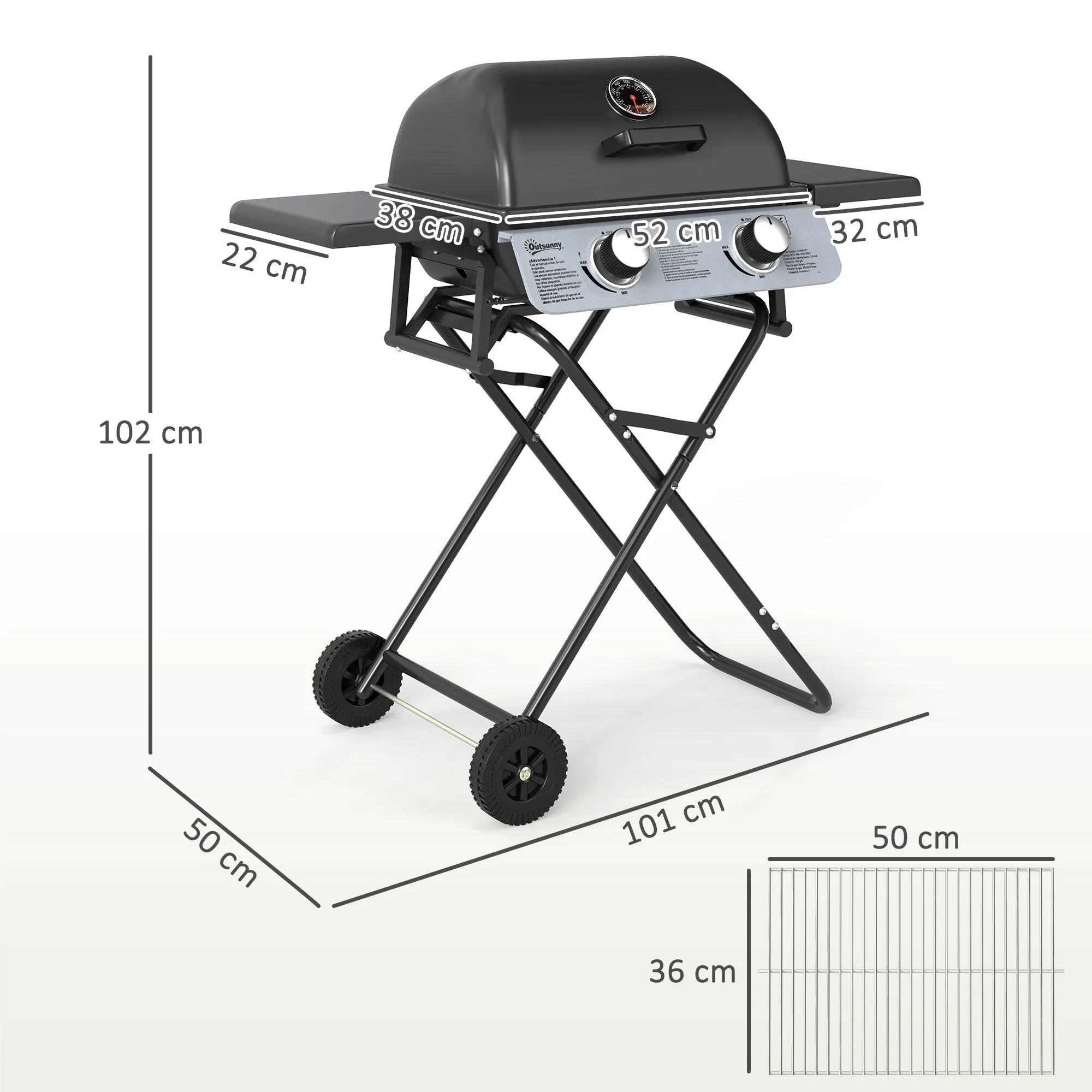 Portable Gas Barbecue with 2 Burners and 2 Side Tables, Lid with Thermometer and Wheels, Black - Image 3