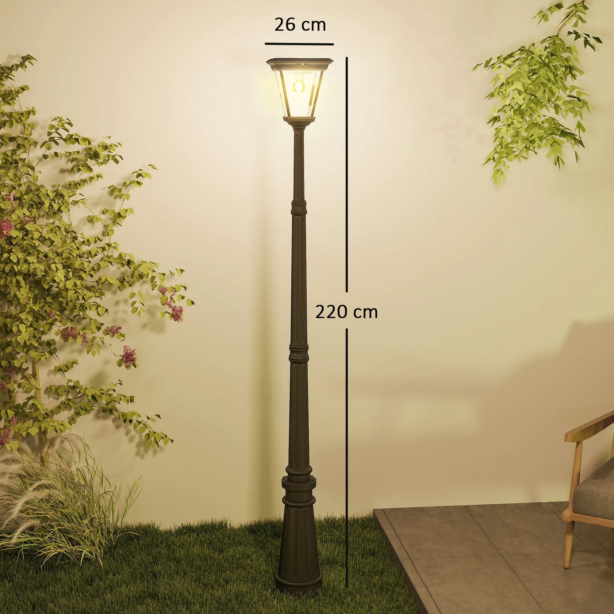 Solar Powered Garden Lamp with PIR Sensor, Aluminum and Glass, 26x24x220 cm, Black - Image 3