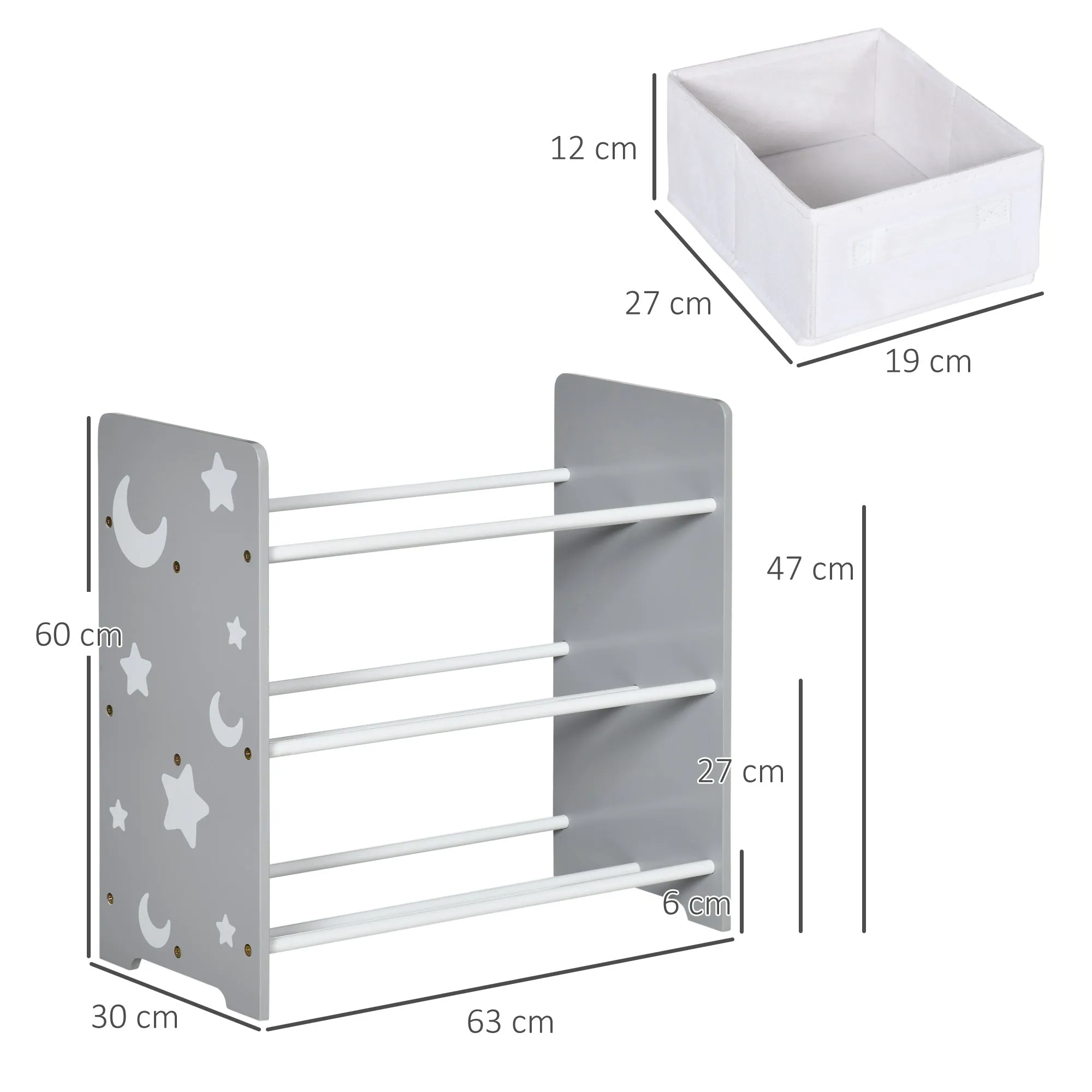 Toy Cabinet with 9 Removable Baskets in MDF and Fabric, 63x30x60cm, Grey and White - Image 3