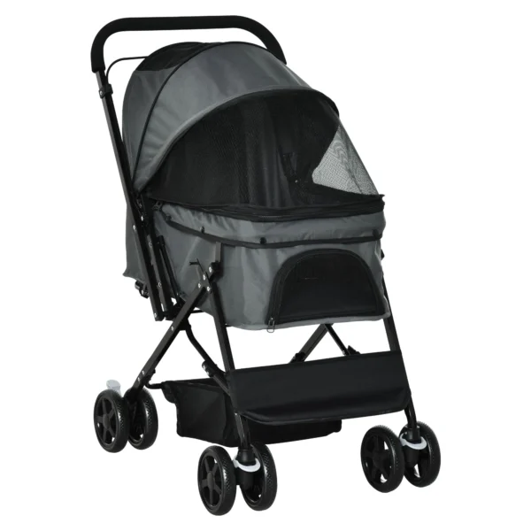 Folding Dog Stroller for Small Dogs with Swivel Handle and Storage Basket, 76.5 x 52 x 95 cm, Grey