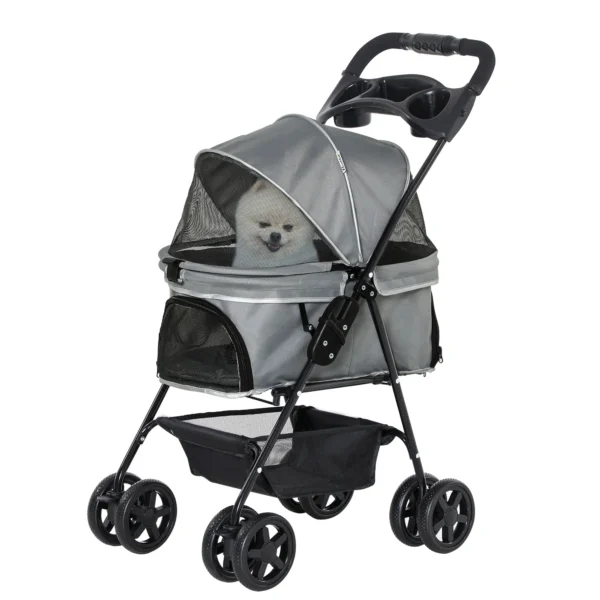 Folding Dog Stroller with Safety Leash and Storage Basket, Grey