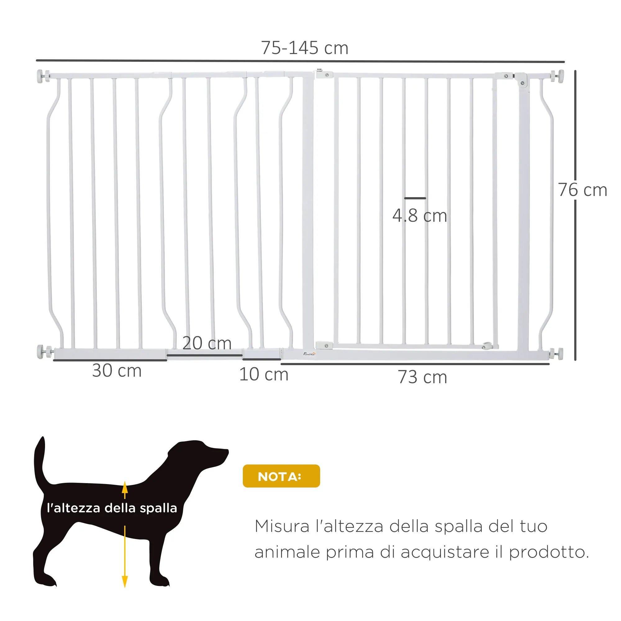 Steel and ABS Dog Safety Gate, Extendable 75-145cm for Stairs and Doorways, White - Image 3