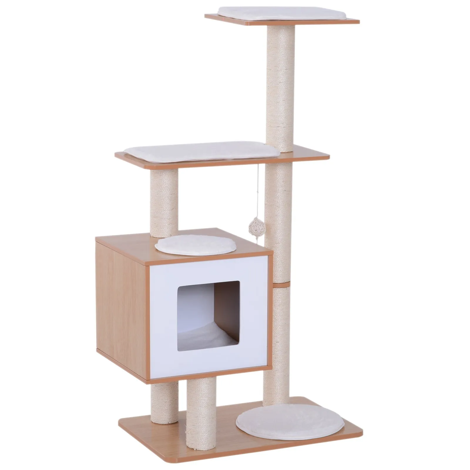 Cat Scratching Post Height 120cm with Kennel Platforms and Sisal Toys, MDF 71.5x49. 5x120cm Wood, White - Image 2