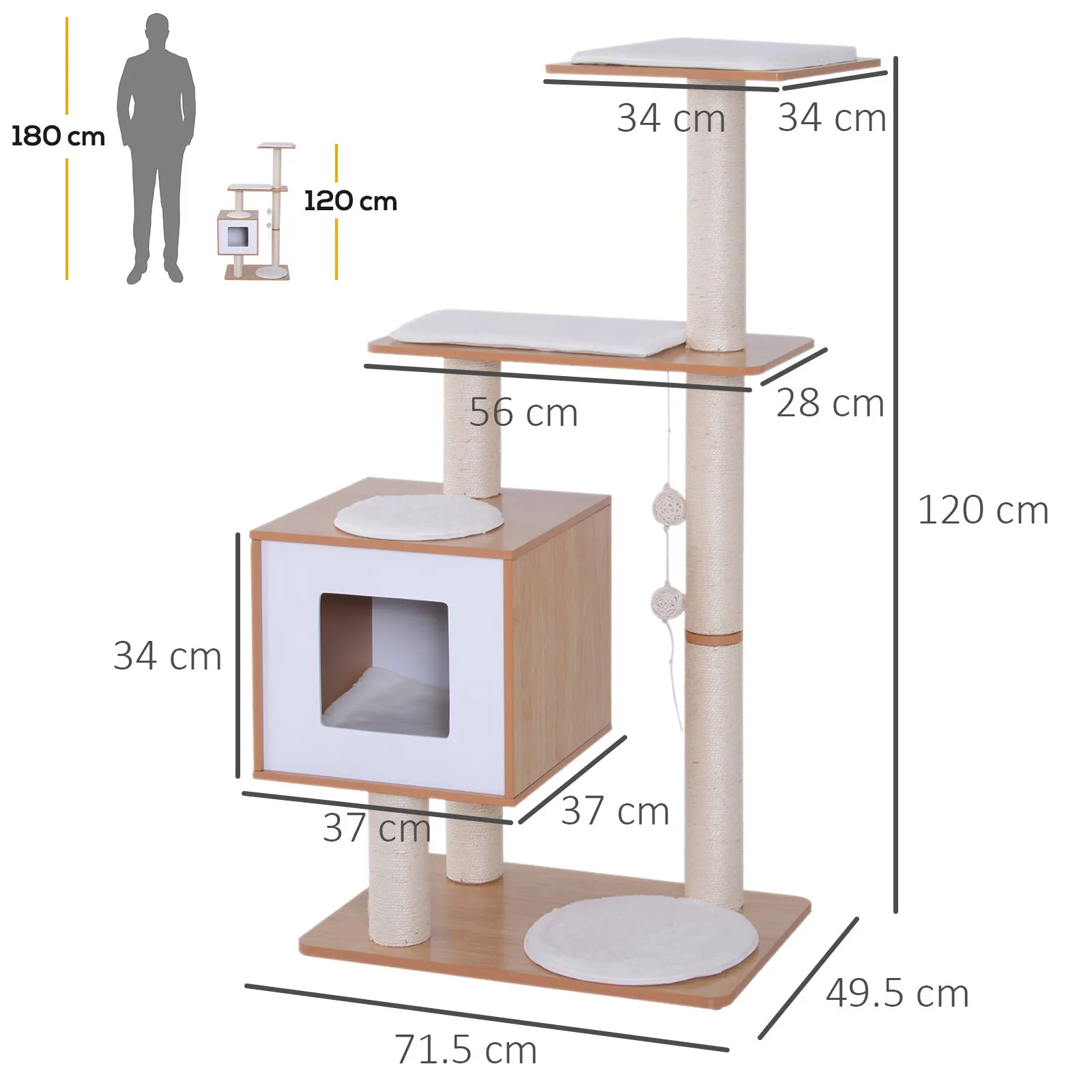 Cat Scratching Post Height 120cm with Kennel Platforms and Sisal Toys, MDF 71.5x49. 5x120cm Wood, White - Image 3