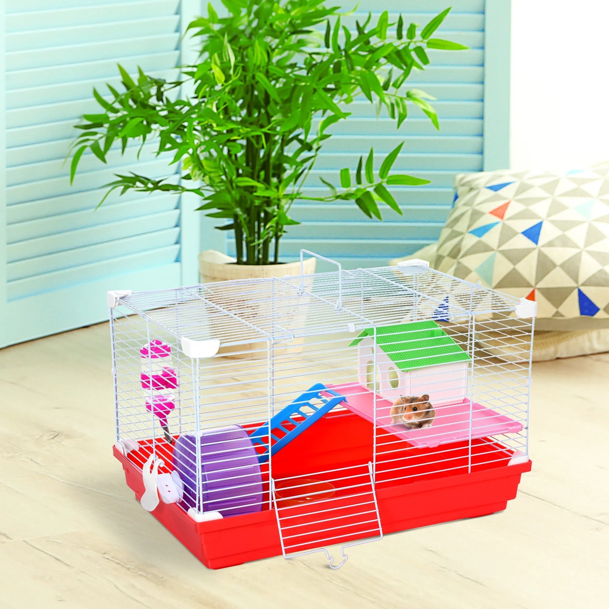 2-Tier Metal and PP Hamster Cage with House, Water Tank and Wheel, 47x30x27 cm - Image 2