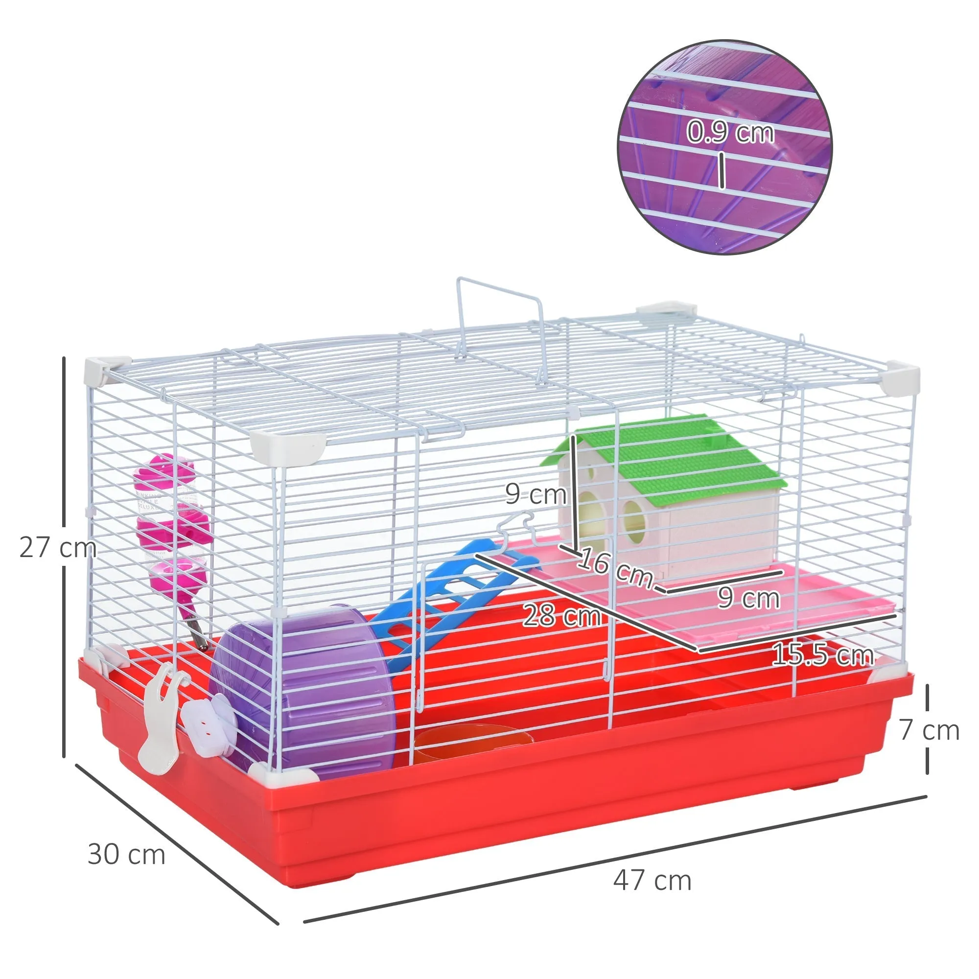 2-Tier Metal and PP Hamster Cage with House, Water Tank and Wheel, 47x30x27 cm - Image 3