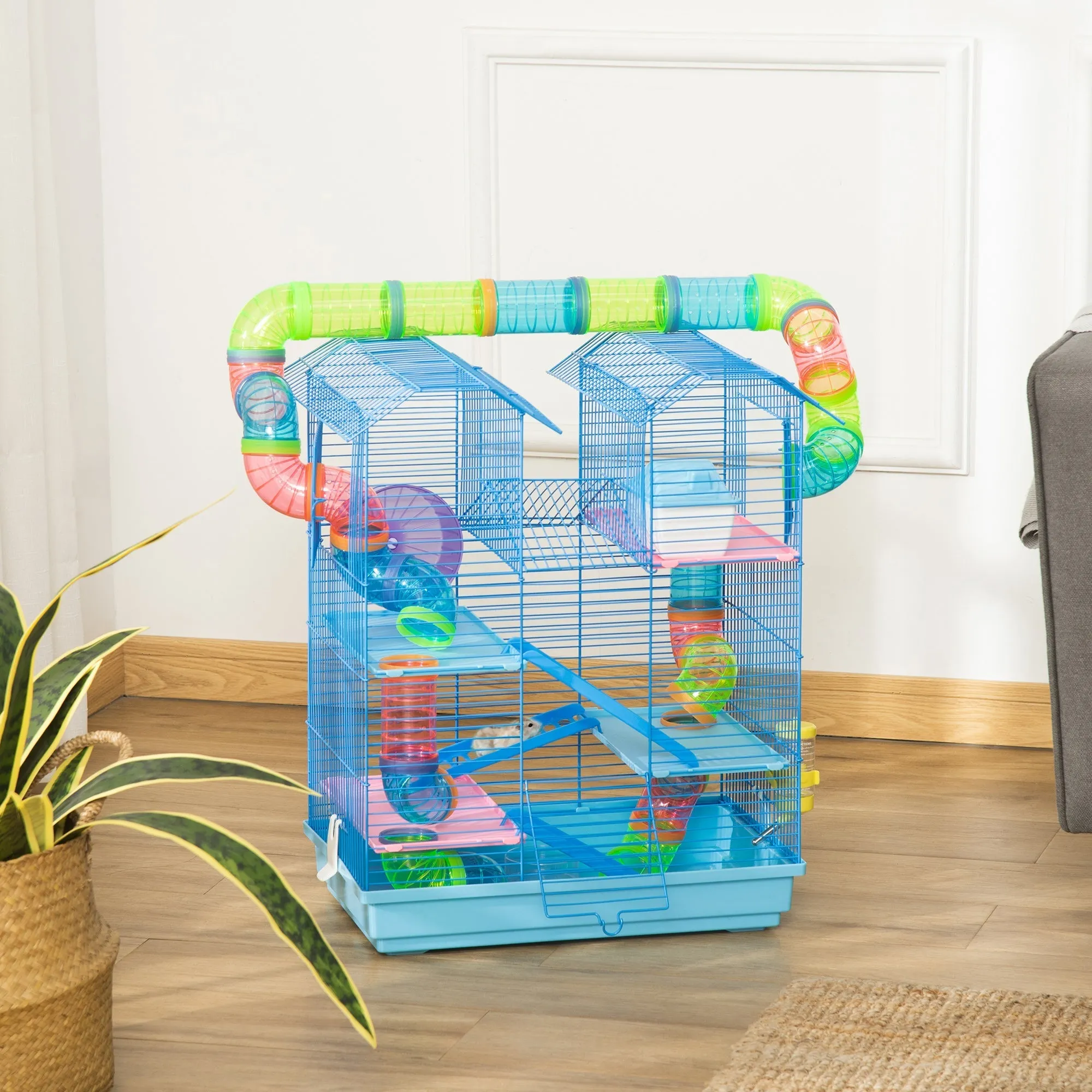 5-Tier Hamster and Rodent Cage, Hamster Cage with Colored Tubes, Wheel, House and Accessories Included, 47x30x59 cm, Blue - Image 2