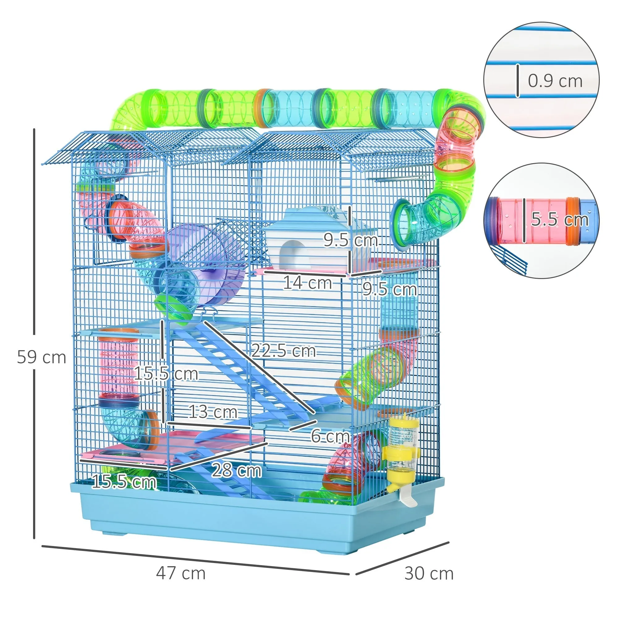5-Tier Hamster and Rodent Cage, Hamster Cage with Colored Tubes, Wheel, House and Accessories Included, 47x30x59 cm, Blue - Image 3