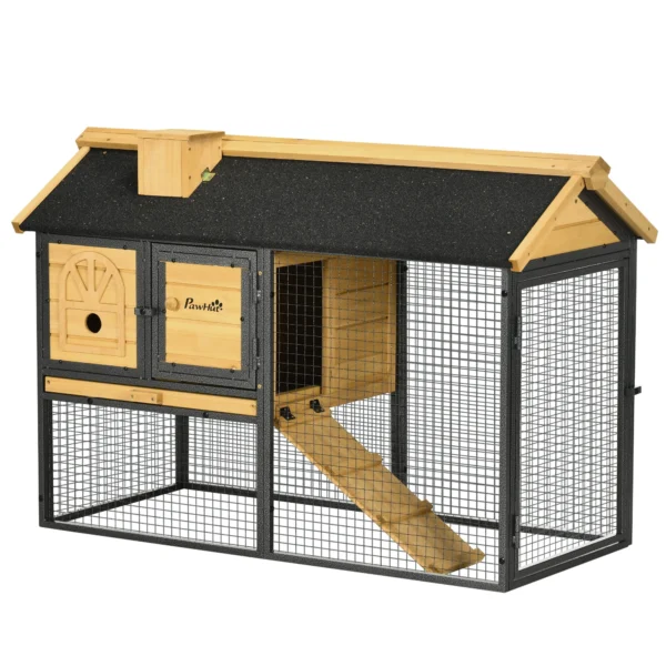 2-Tier Outdoor Rabbit Hutch in Fir Wood and Steel with Removable Tray, 120x55.5x80 cm