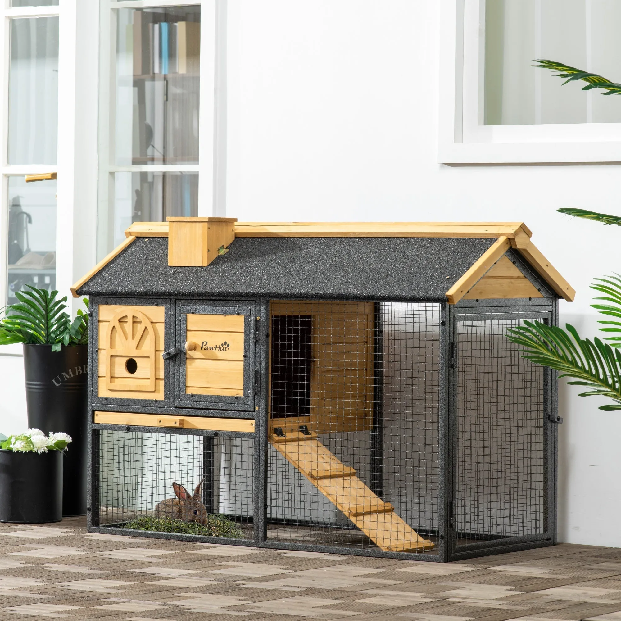2-Tier Outdoor Rabbit Hutch in Fir Wood and Steel with Removable Tray, 120x55.5x80 cm - Image 2