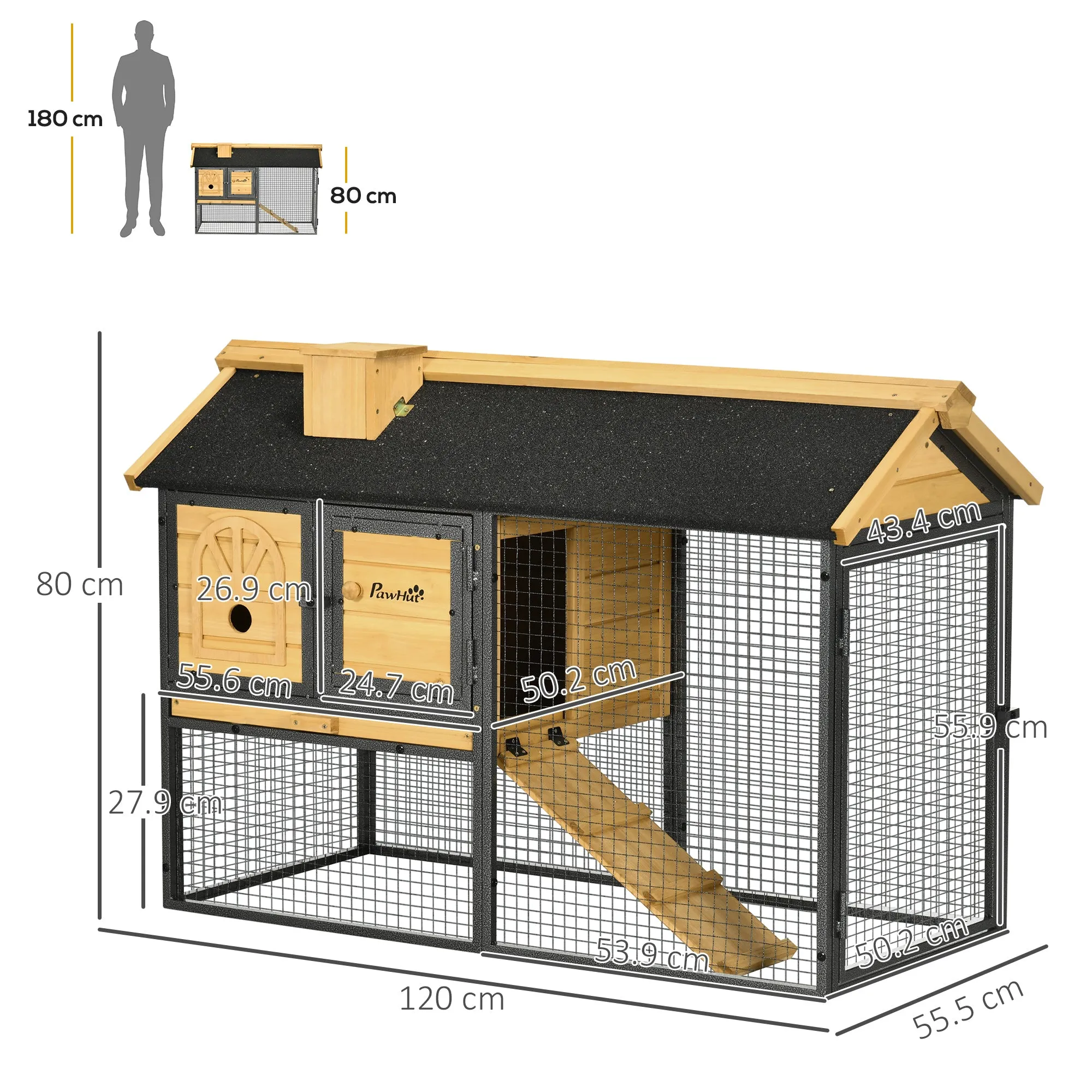 2-Tier Outdoor Rabbit Hutch in Fir Wood and Steel with Removable Tray, 120x55.5x80 cm - Image 3