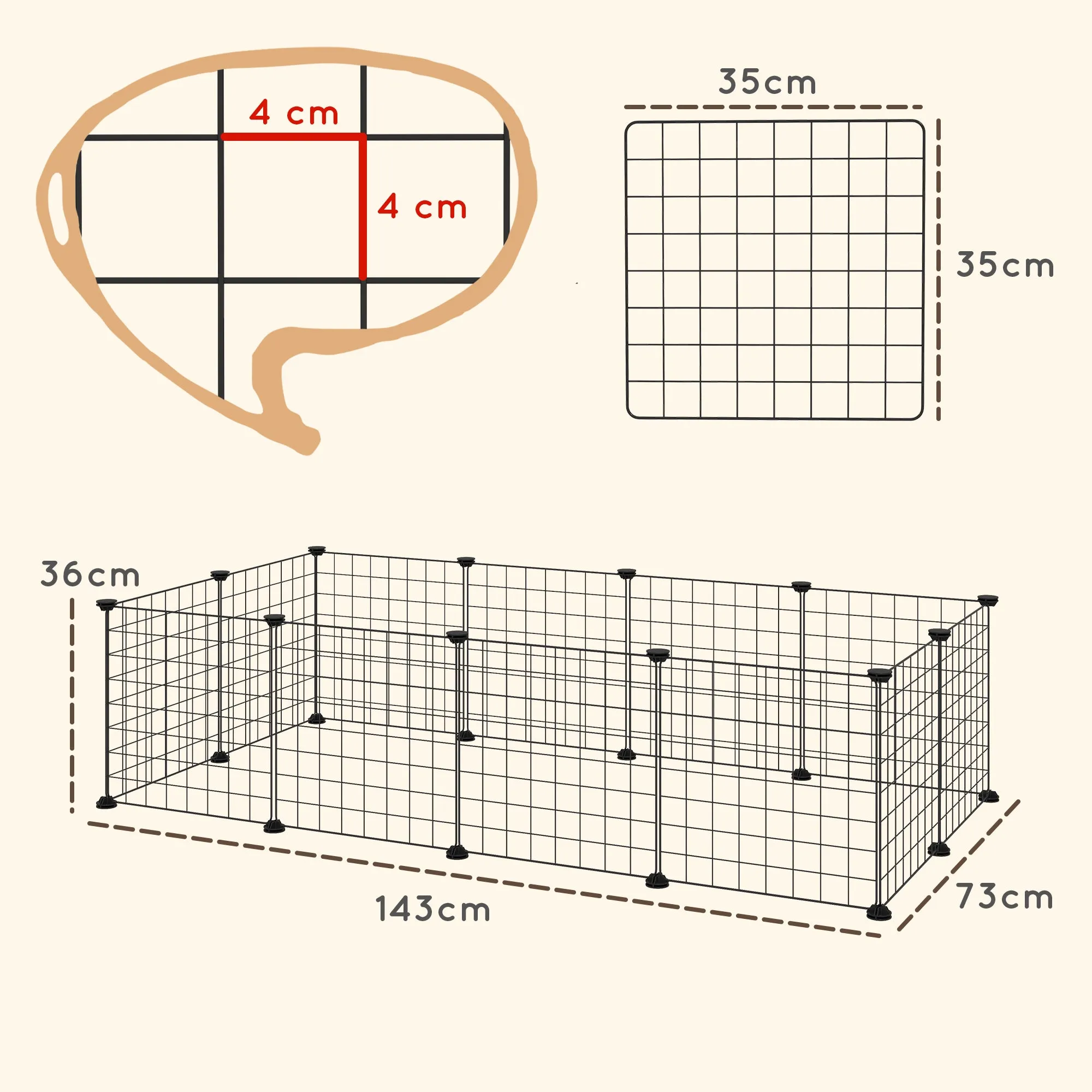 Modular Small Animal Playpen with Panels and Accessories, Indoor Metal Hedgehog Cage for Guinea Pigs and Hedgehogs, 106x73x36 cm, Black - Image 3
