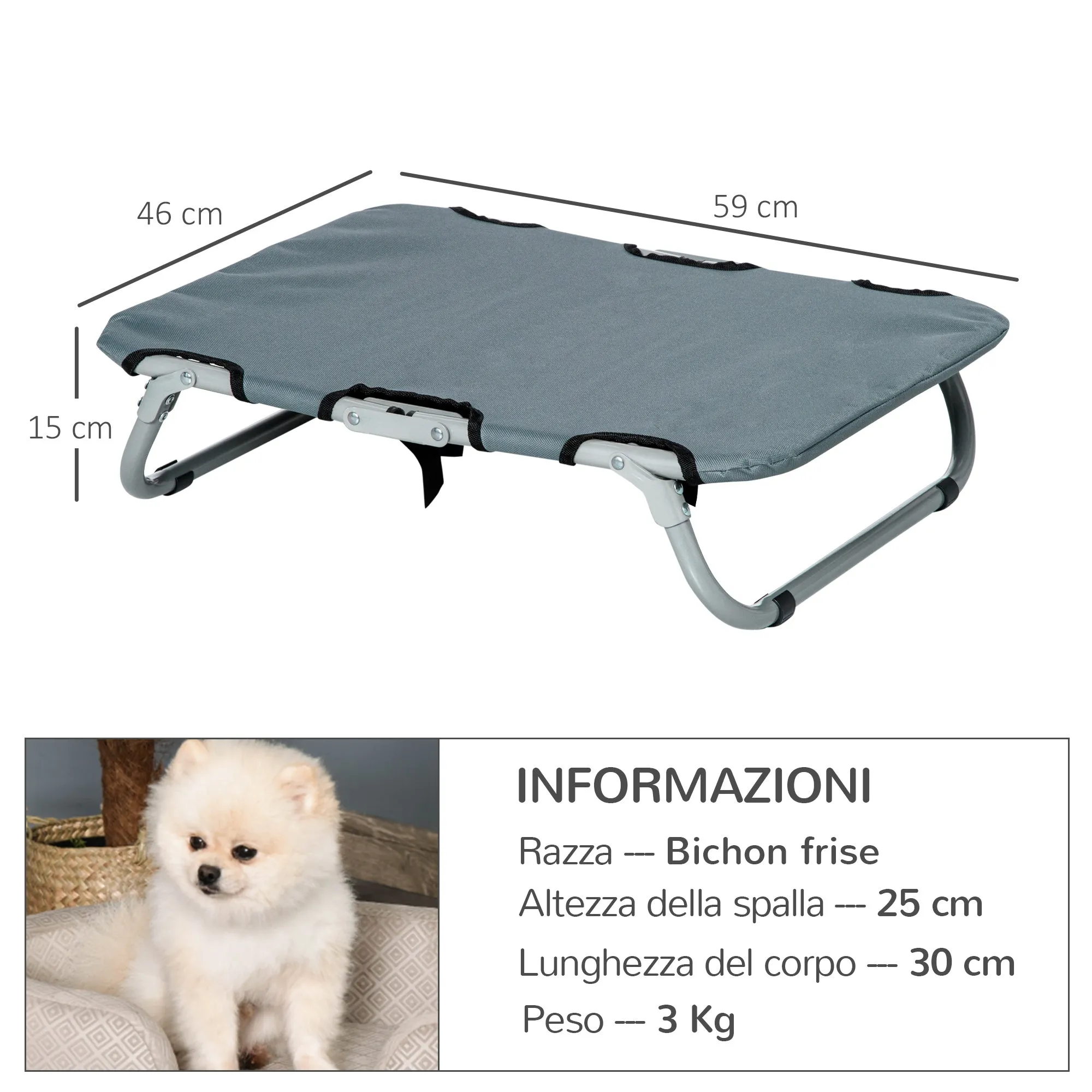 Folding Dog Bed in Steel and Oxford Fabric for Indoor and Outdoor Use, 59x46x15 cm, Grey - Image 3