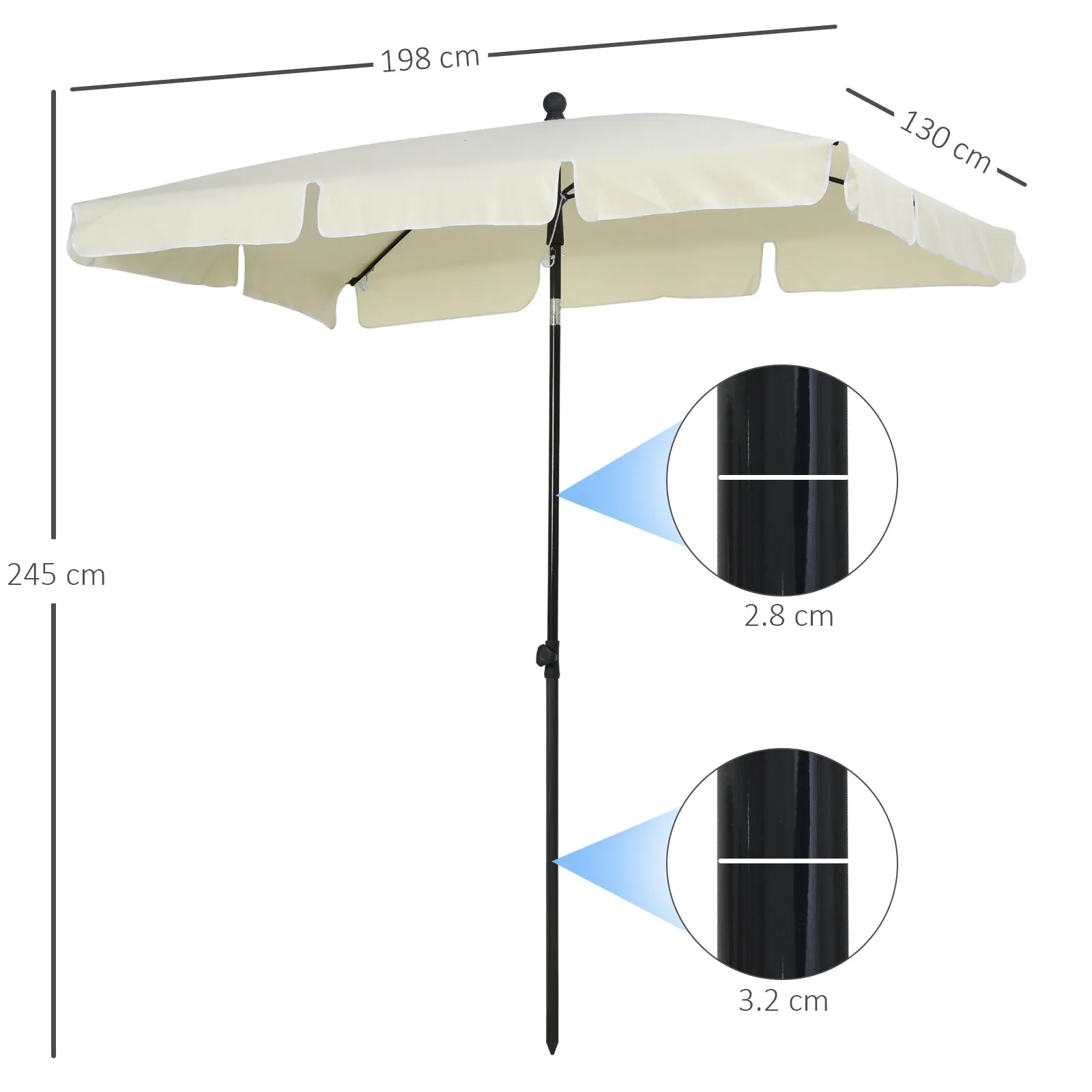 2x1.3m Rectangular Garden Umbrella with Adjustable Tilt and Aluminum Pole, Beige and Black - Image 3