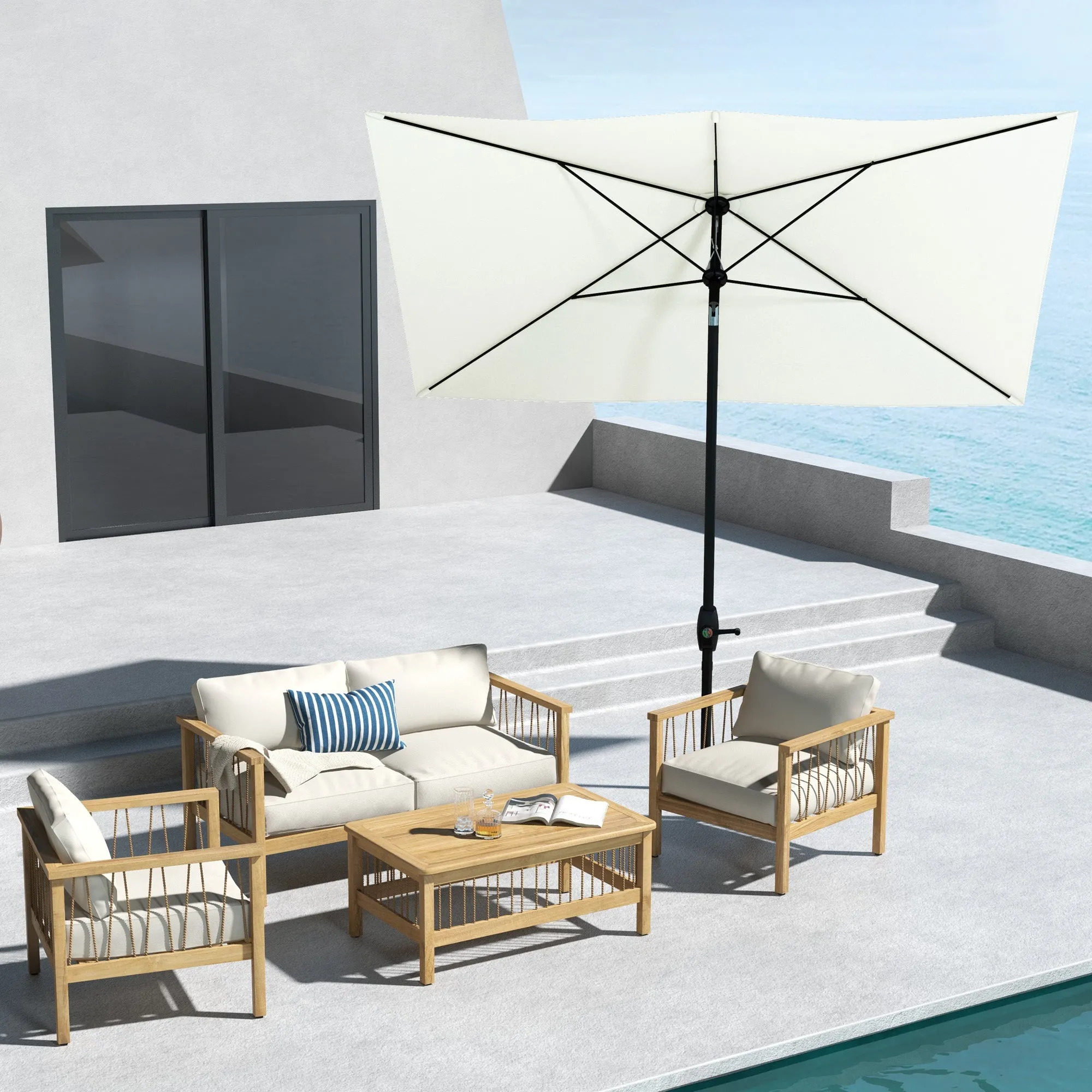 2x3m Rectangular Garden Umbrella with Crank Opening and Adjustable Tilt, Beige - Image 2