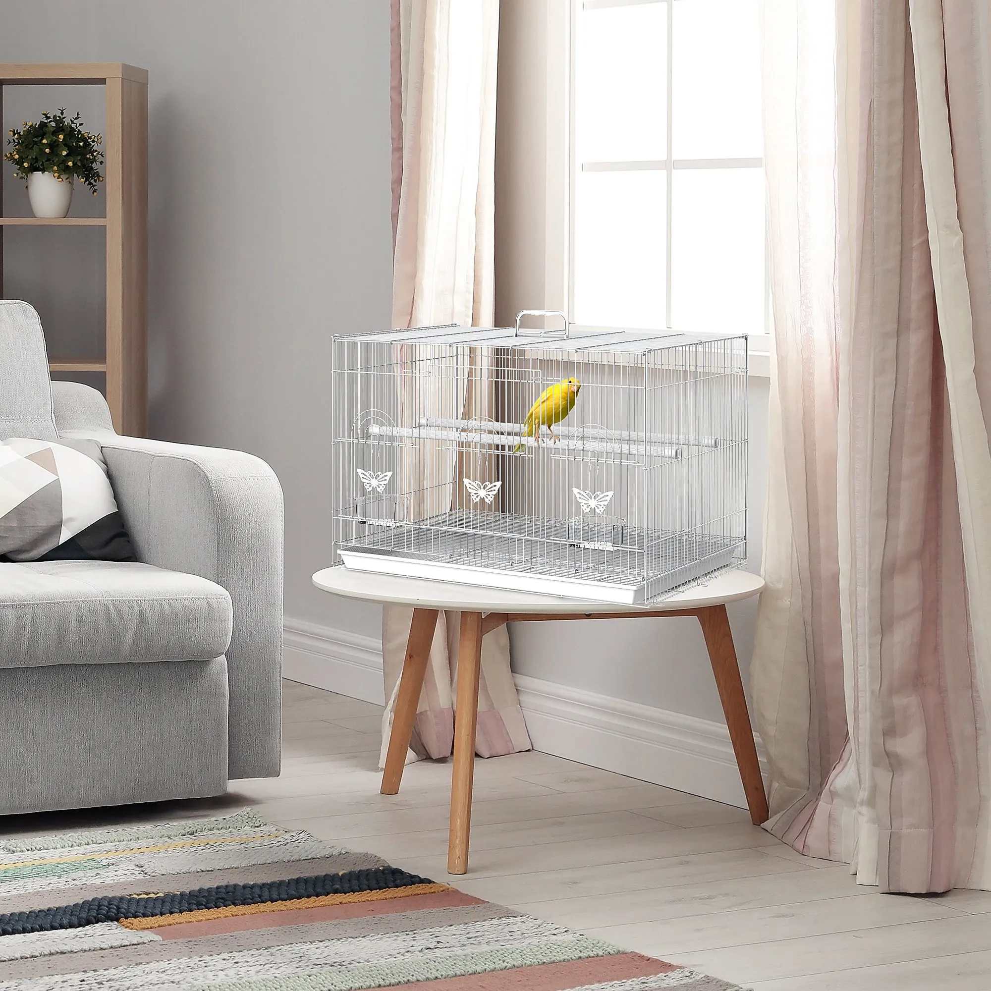Metal Bird Cage with Perches, Food Bowls and Handle, 60x41x41cm - Image 2