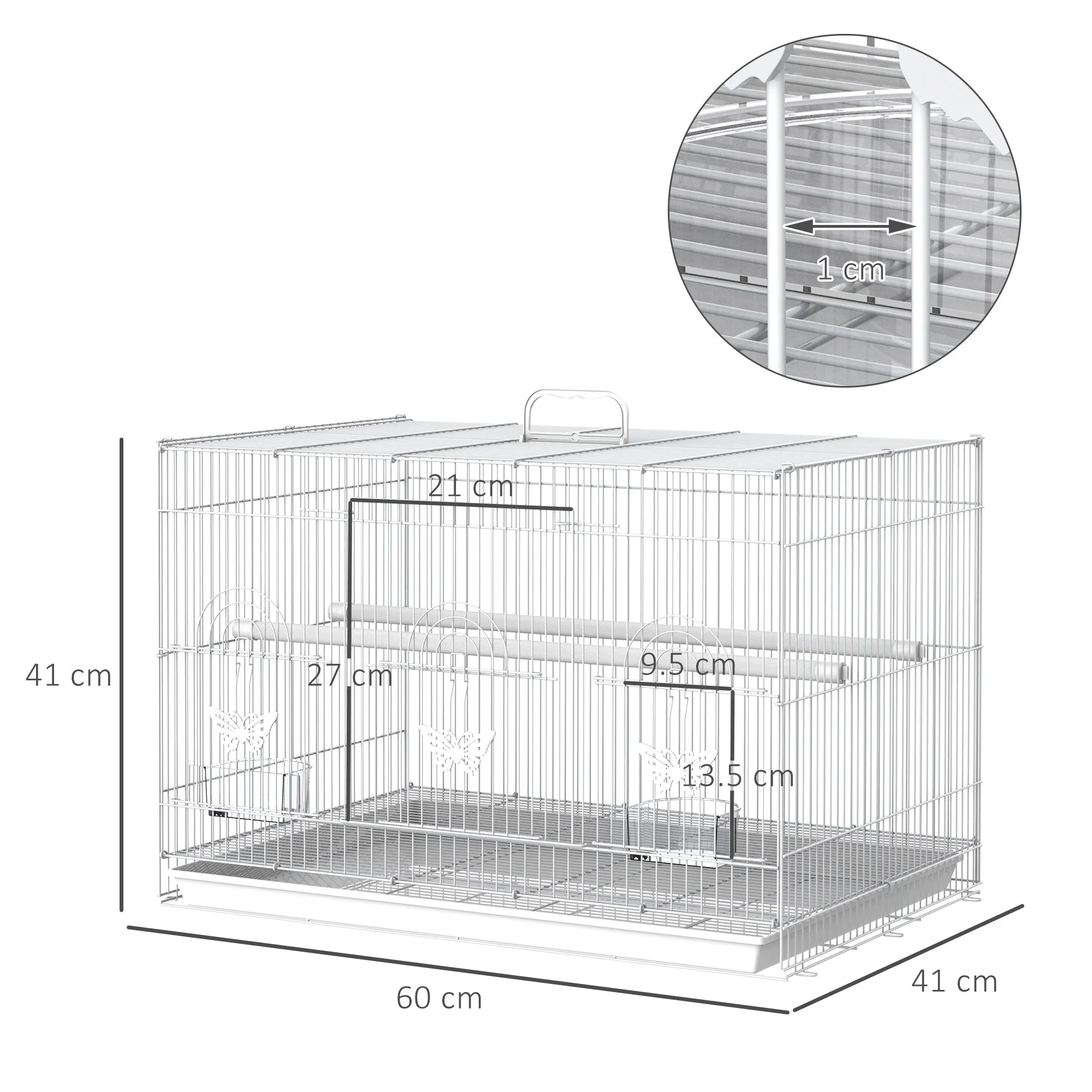 Metal Bird Cage with Perches, Food Bowls and Handle, 60x41x41cm - Image 3