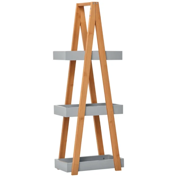 Kleankin Space-Saving Bathroom Shelf in MDF and Bamboo, Pyramid Shape with 3 Shelves, Wood and Grey Color, 30x18x81cm