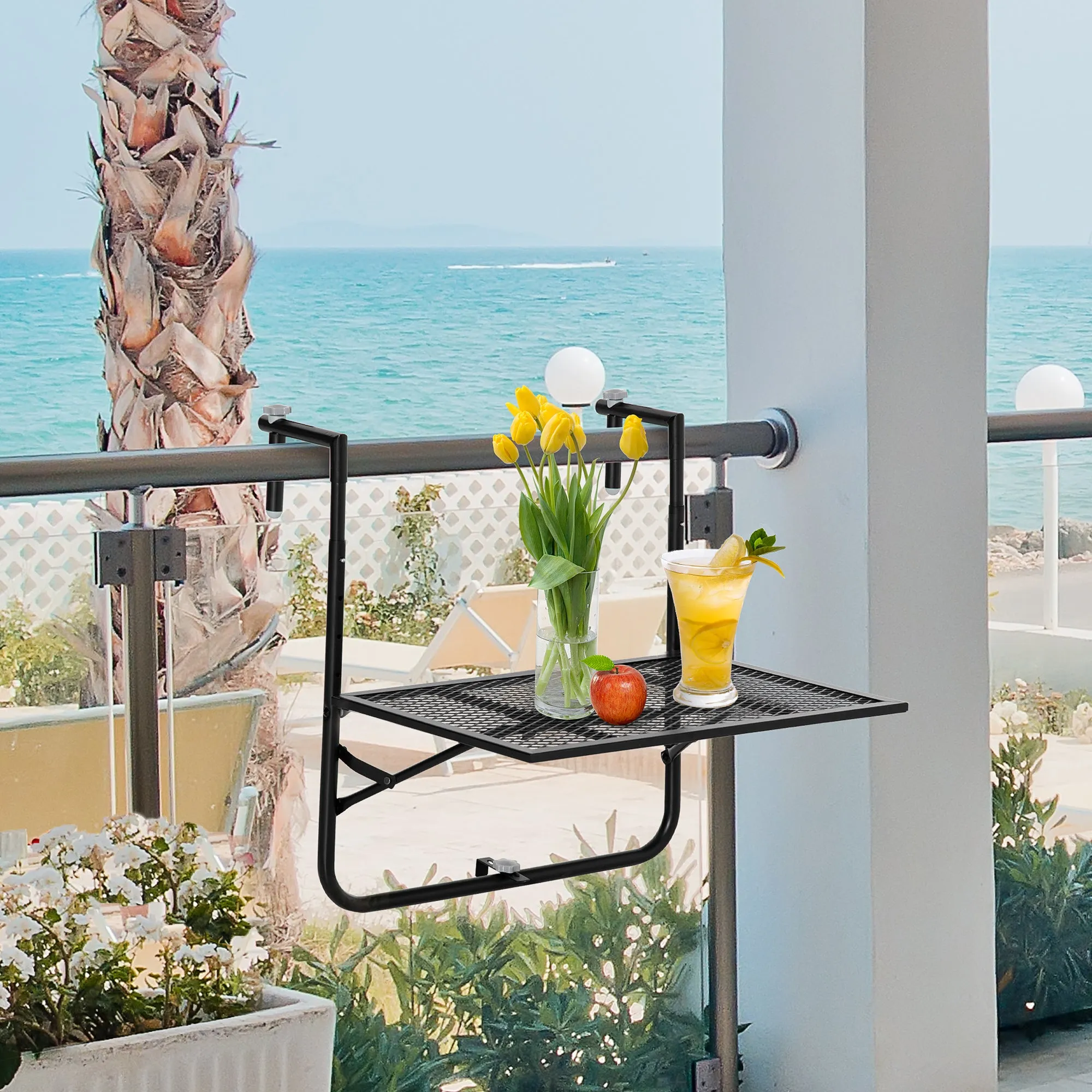 Folding and Adjustable Metal Railing Table, 60x60x57-72cm, Black - Image 2