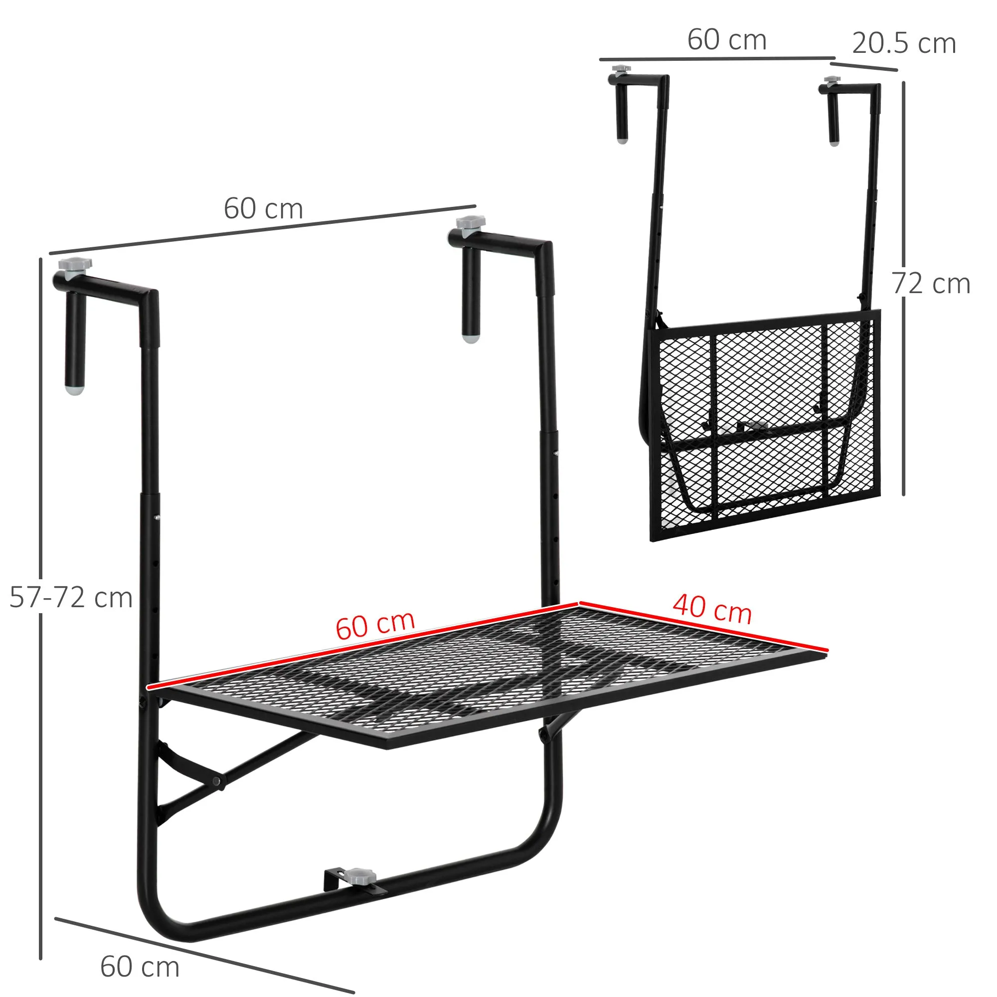 Folding and Adjustable Metal Railing Table, 60x60x57-72cm, Black - Image 3