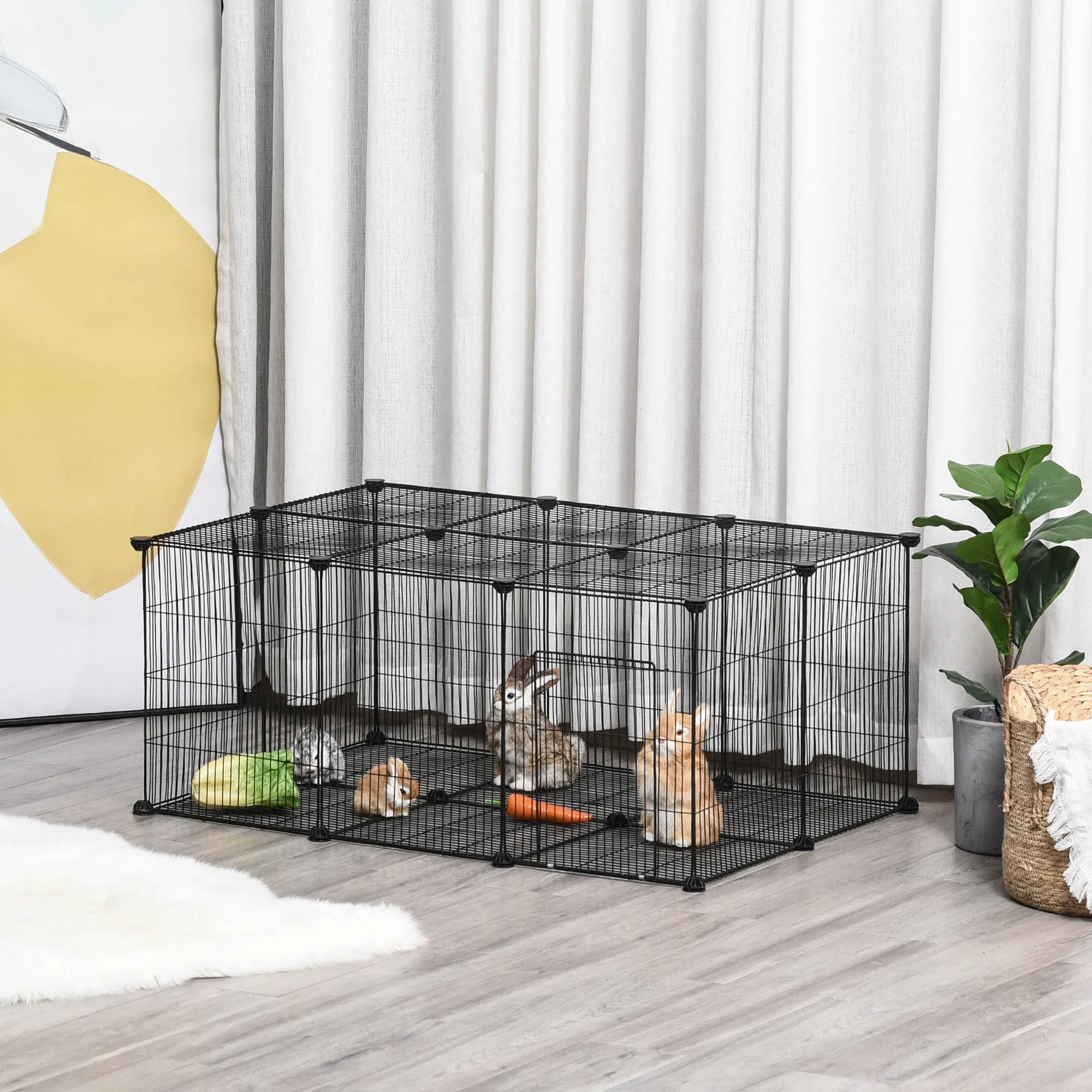Rabbit and Small Animal Cage, 22 Modular Metal Panels with Door, Black, 105 x 70 x 45cm - Image 2