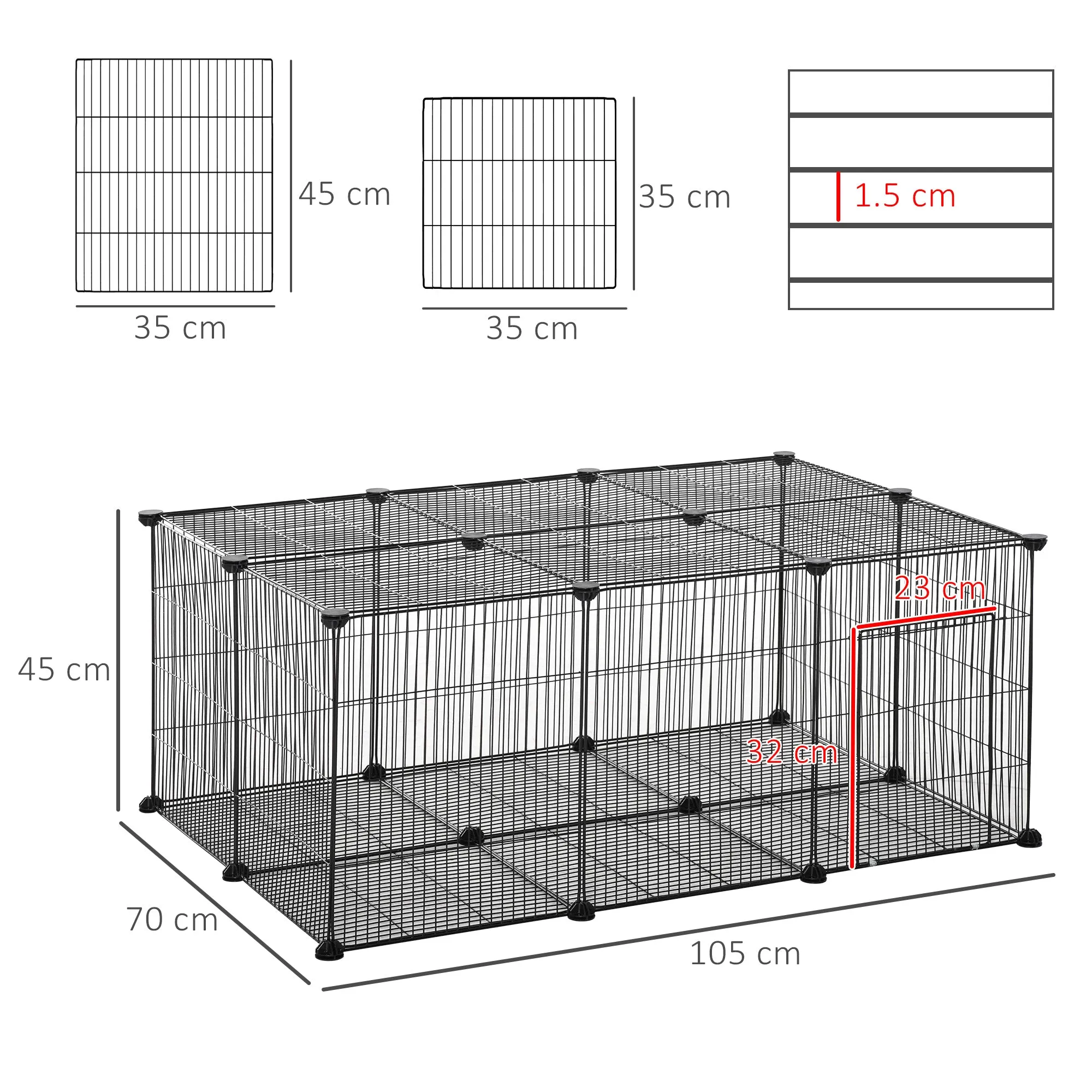 Rabbit and Small Animal Cage, 22 Modular Metal Panels with Door, Black, 105 x 70 x 45cm - Image 3