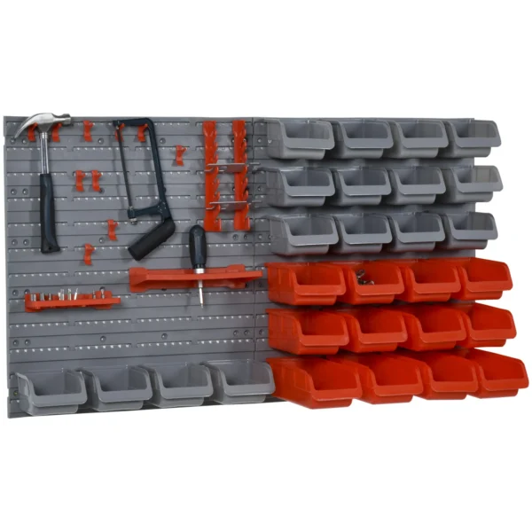 44PCS Adjustable and Removable Tool Boxes, Wall Mounted, PP, Red Grey, 54x22x95cm