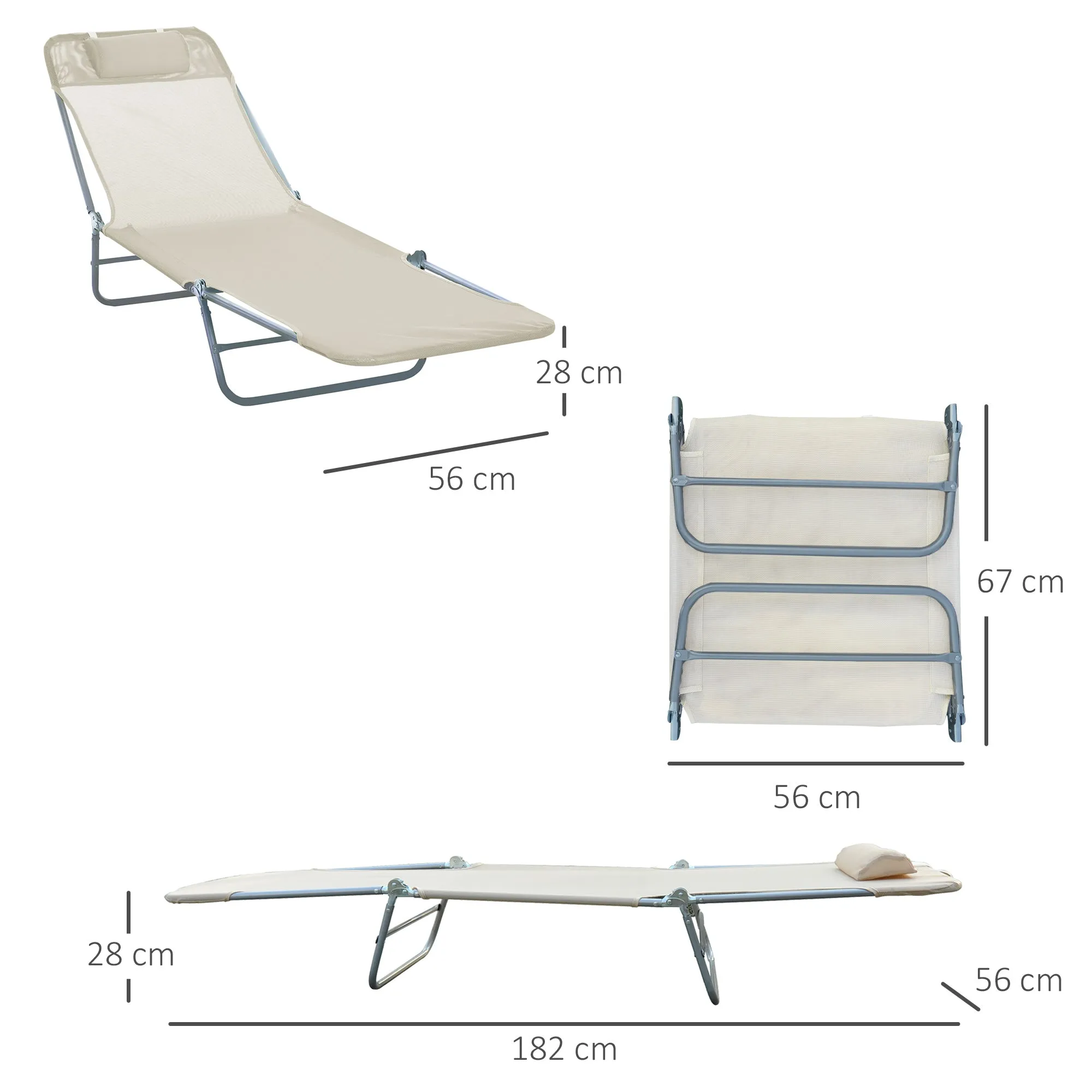 Folding Sun Lounger with Reclining Backrest and Cushion, 182x56x24.5cm - Image 3