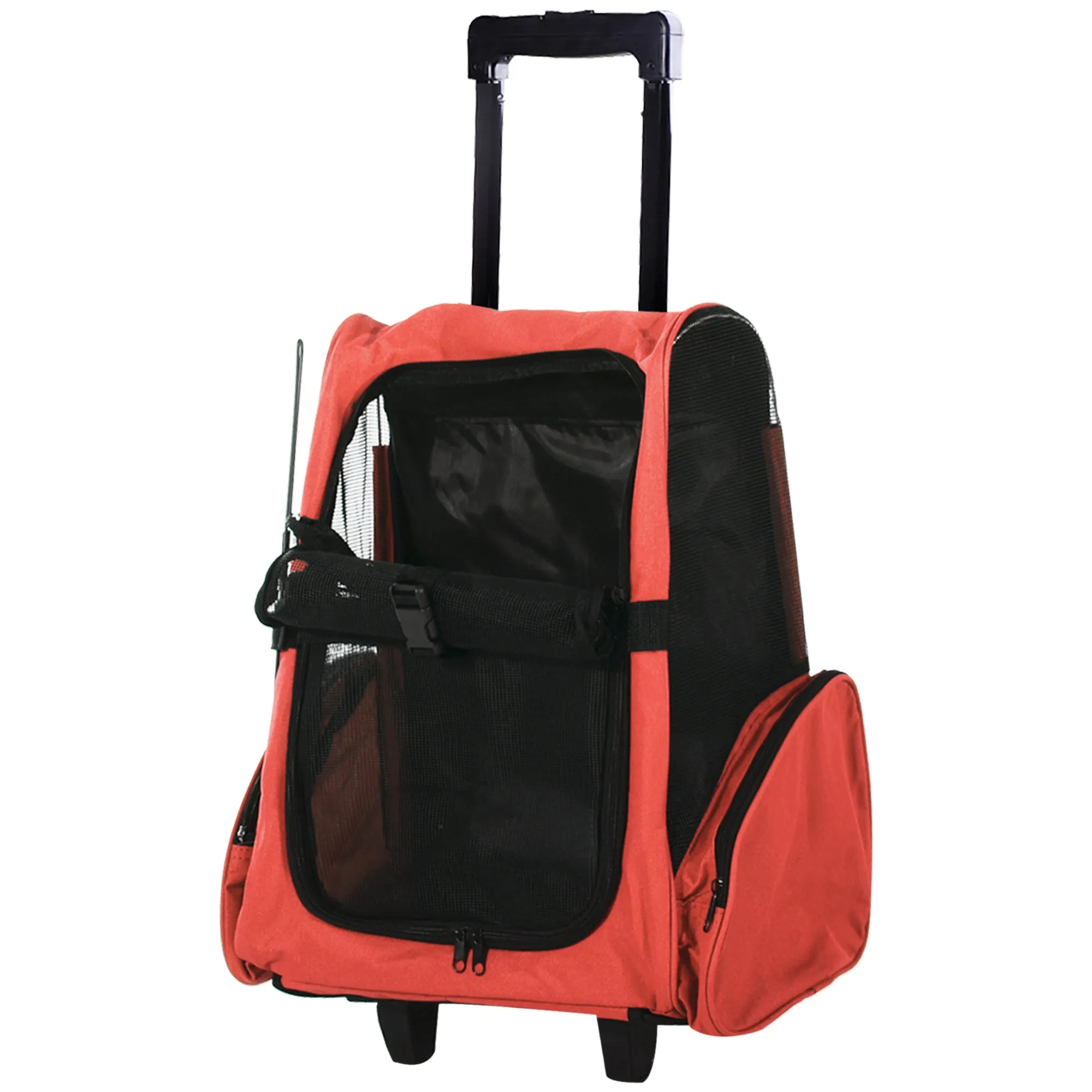 2-in-1 Pet Carrier Backpack for Dogs and Cats with Side Pockets, Telescopic Handle and Wheels, 42x25x55cm, Red