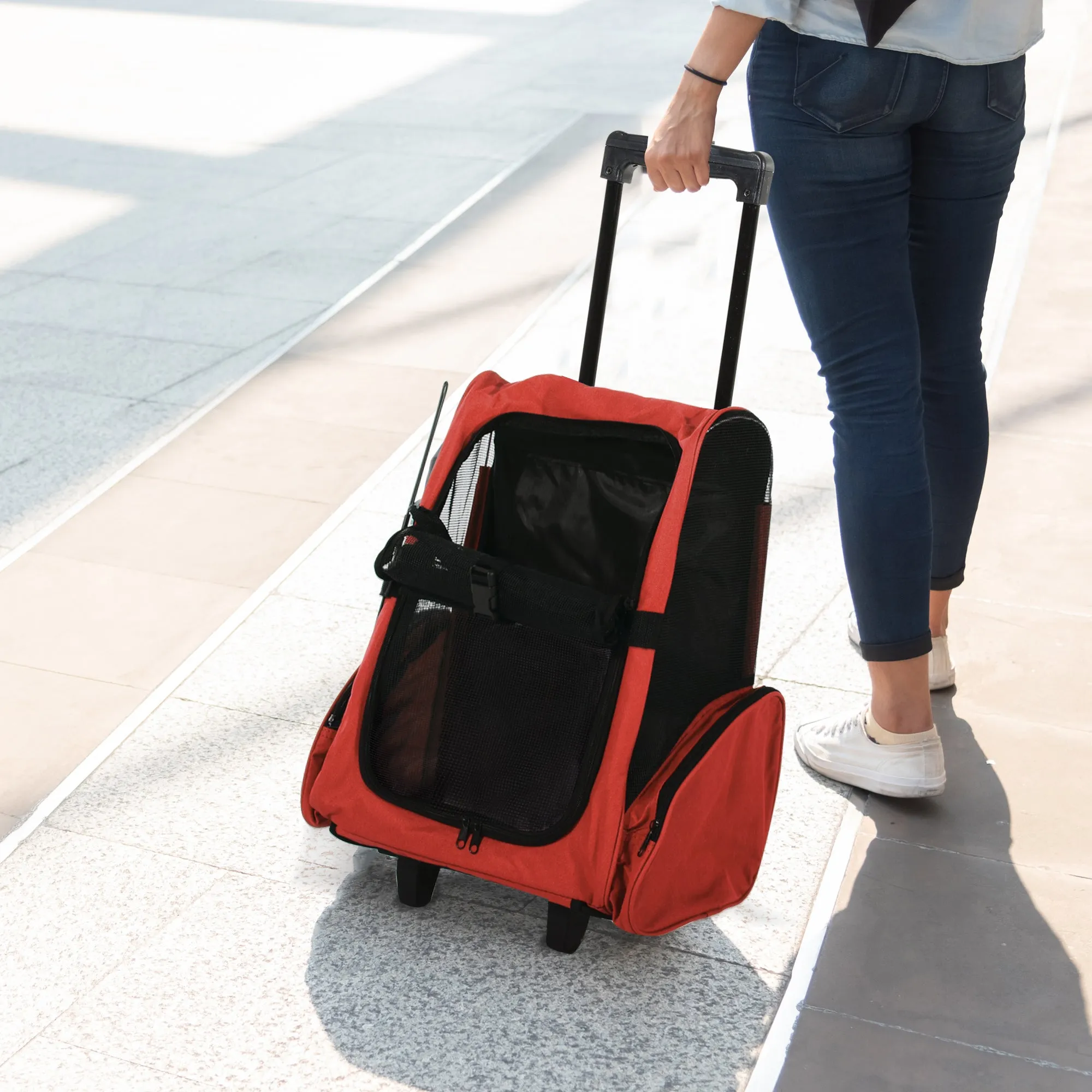 2-in-1 Pet Carrier Backpack for Dogs and Cats with Side Pockets, Telescopic Handle and Wheels, 42x25x55cm, Red - Image 2