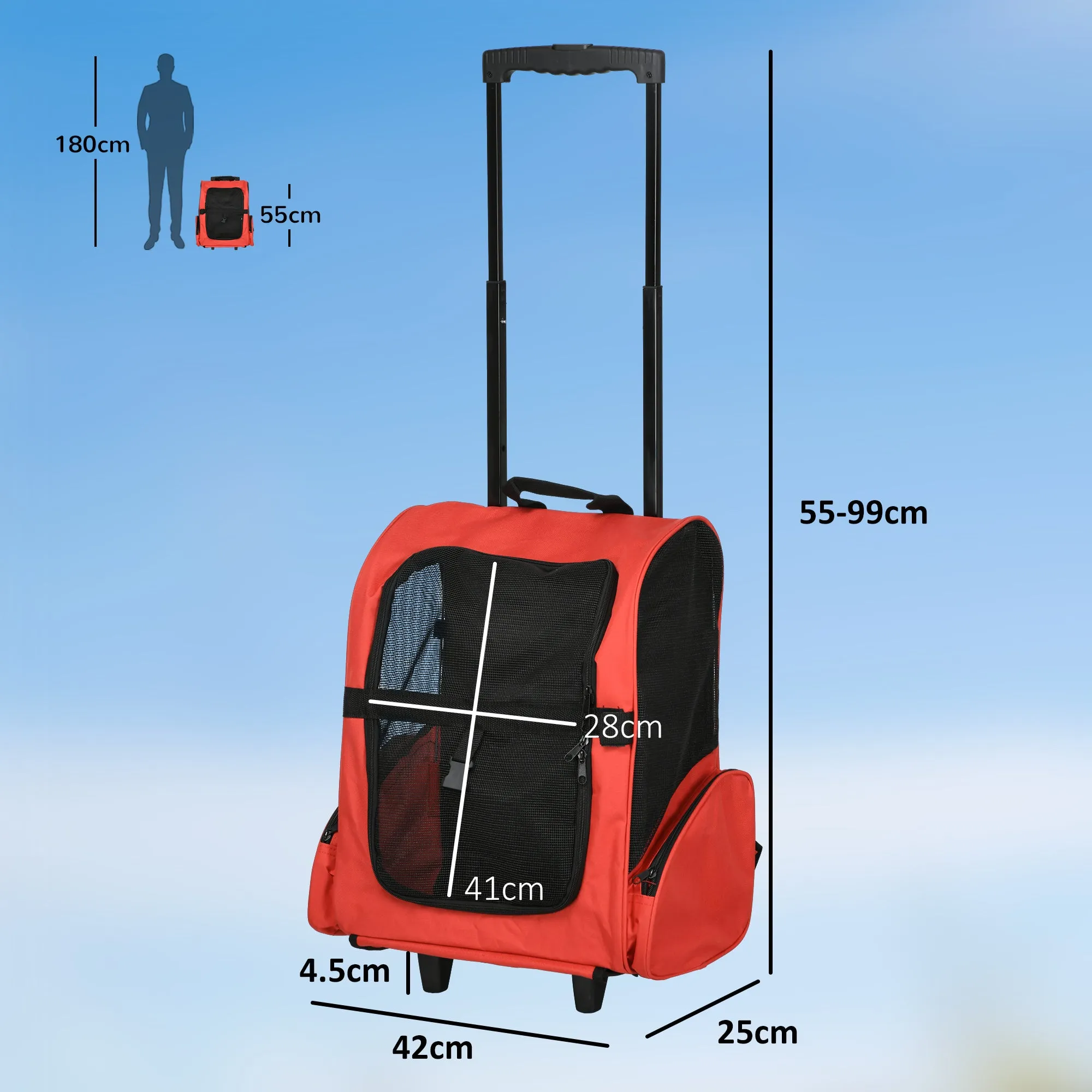 2-in-1 Pet Carrier Backpack for Dogs and Cats with Side Pockets, Telescopic Handle and Wheels, 42x25x55cm, Red - Image 3