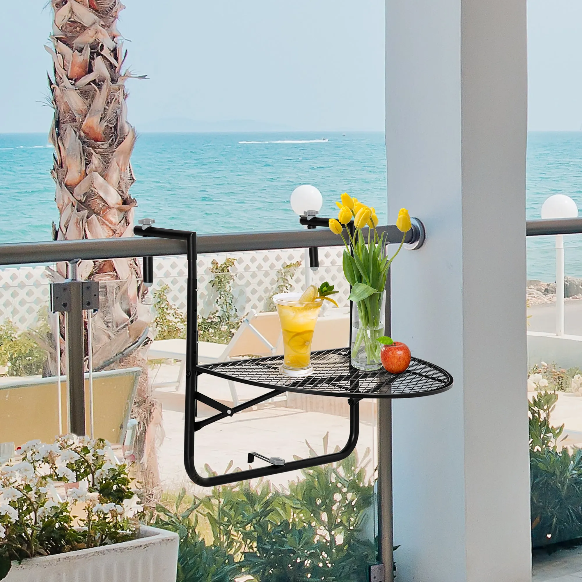 Folding and Adjustable Metal Railing Table, 60x60x57-72cm, Black - Image 2