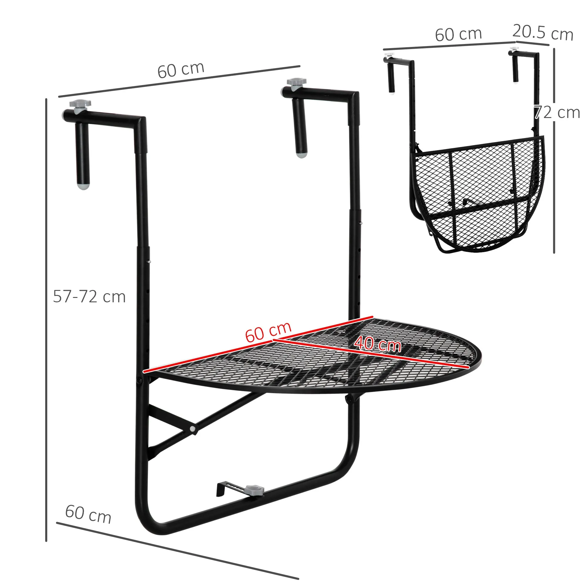 Folding and Adjustable Metal Railing Table, 60x60x57-72cm, Black - Image 3