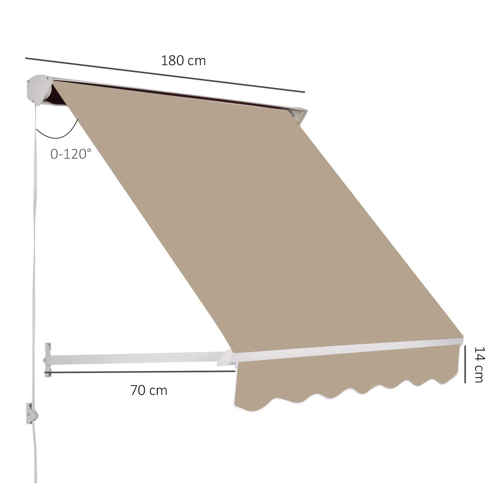 180x70cm Drop-Down Awning with Roller Blind and Adjustable Angle 0-120°, Beige - Image 3