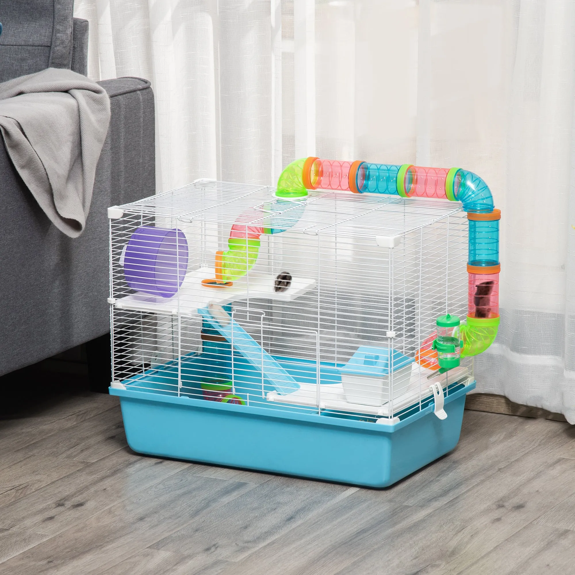 3-Tier Hamster Cage with Tubes, House, Water Tank and Wheel, 59x36x47 cm - Image 2