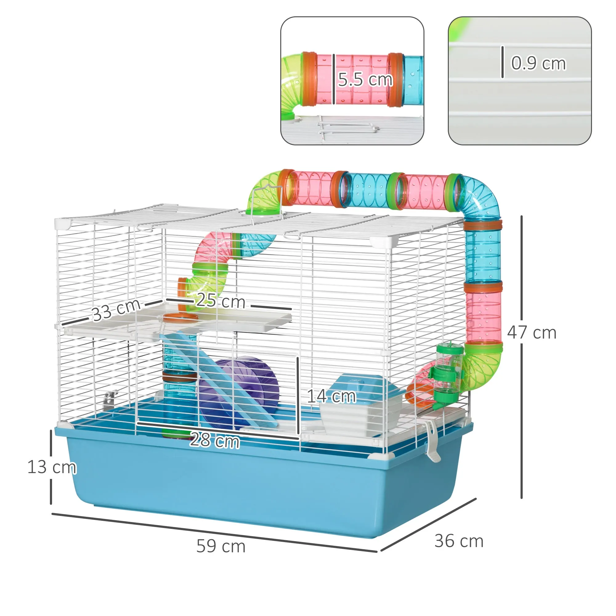 3-Tier Hamster Cage with Tubes, House, Water Tank and Wheel, 59x36x47 cm - Image 3