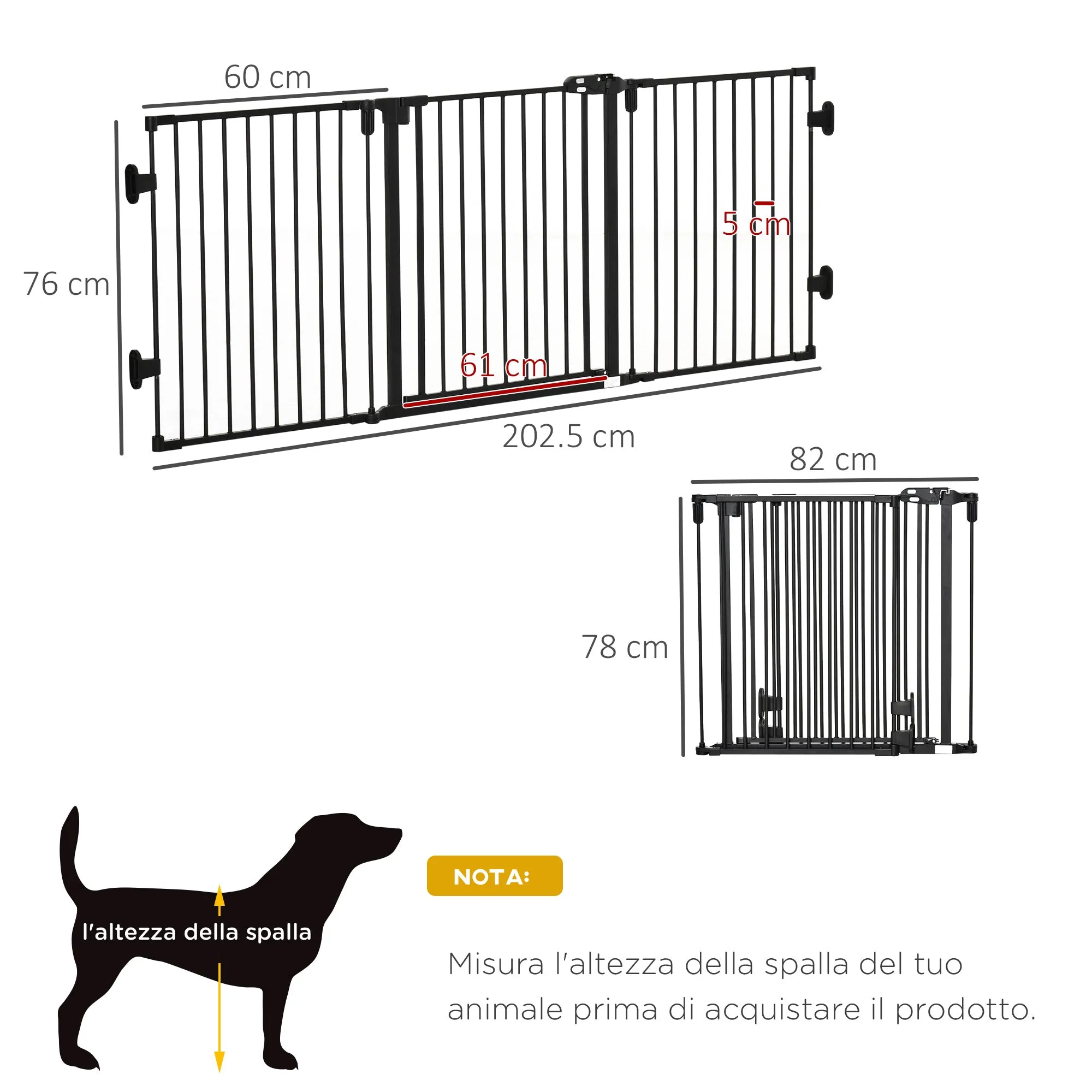 Folding Steel Dog Gate with Automatic Closure, 202.5 x 2 x 76 cm, Black - Image 3