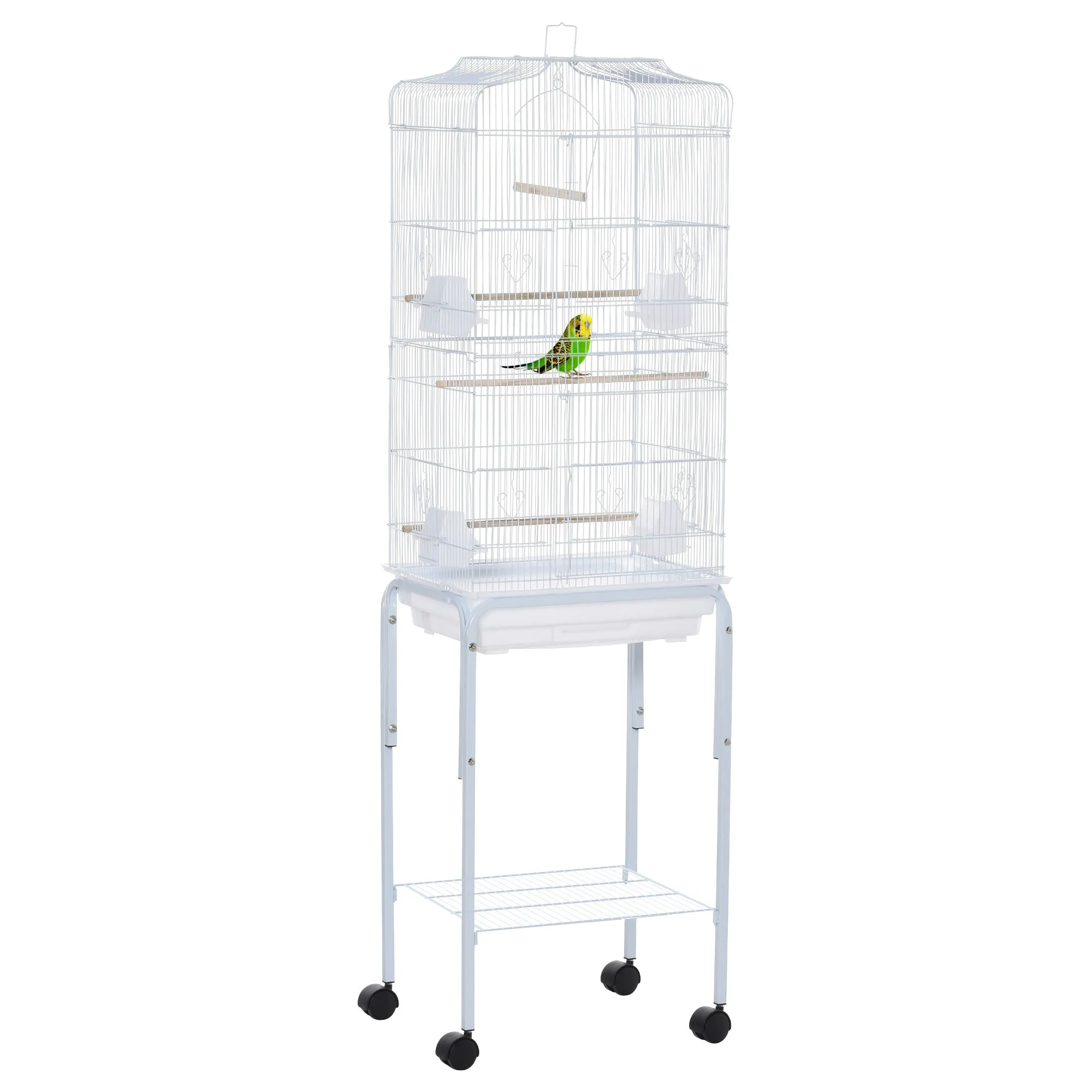 Bird Cage, Metal and Steel Aviary with Wheels, Perches and Bowls, 46.5x36x157cm, White