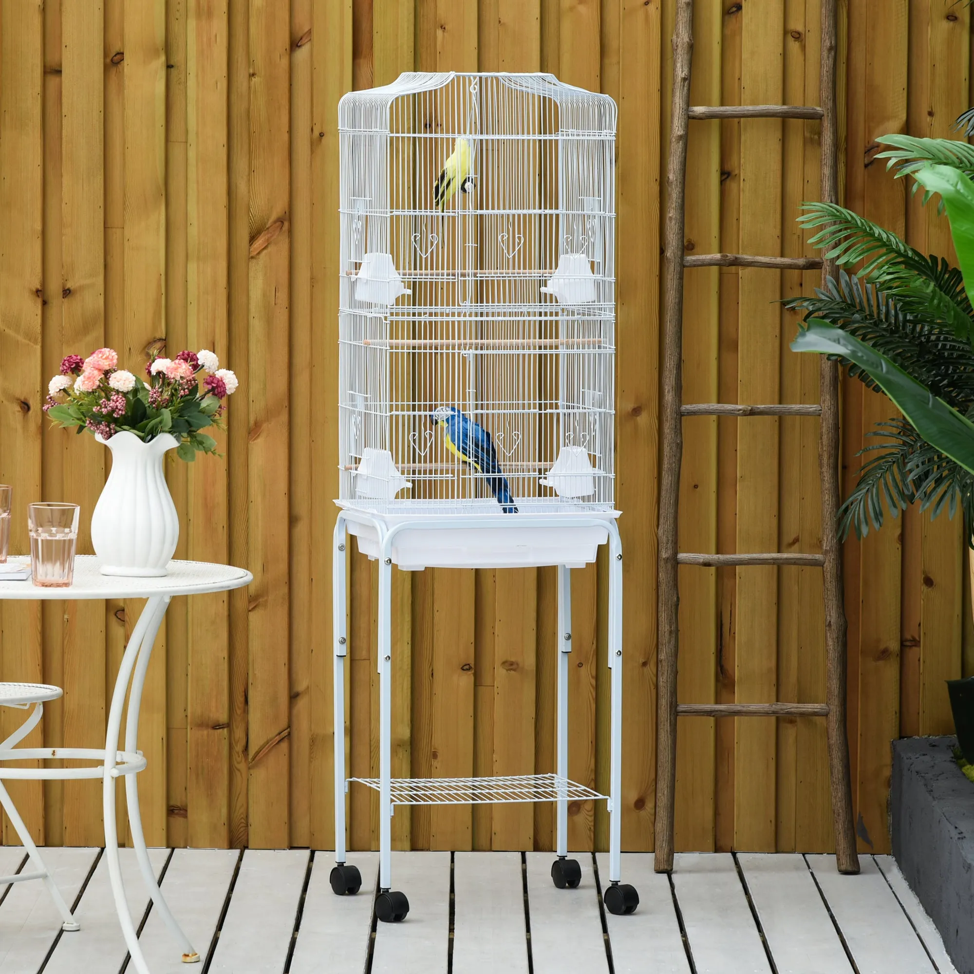 Bird Cage, Metal and Steel Aviary with Wheels, Perches and Bowls, 46.5x36x157cm, White - Image 2