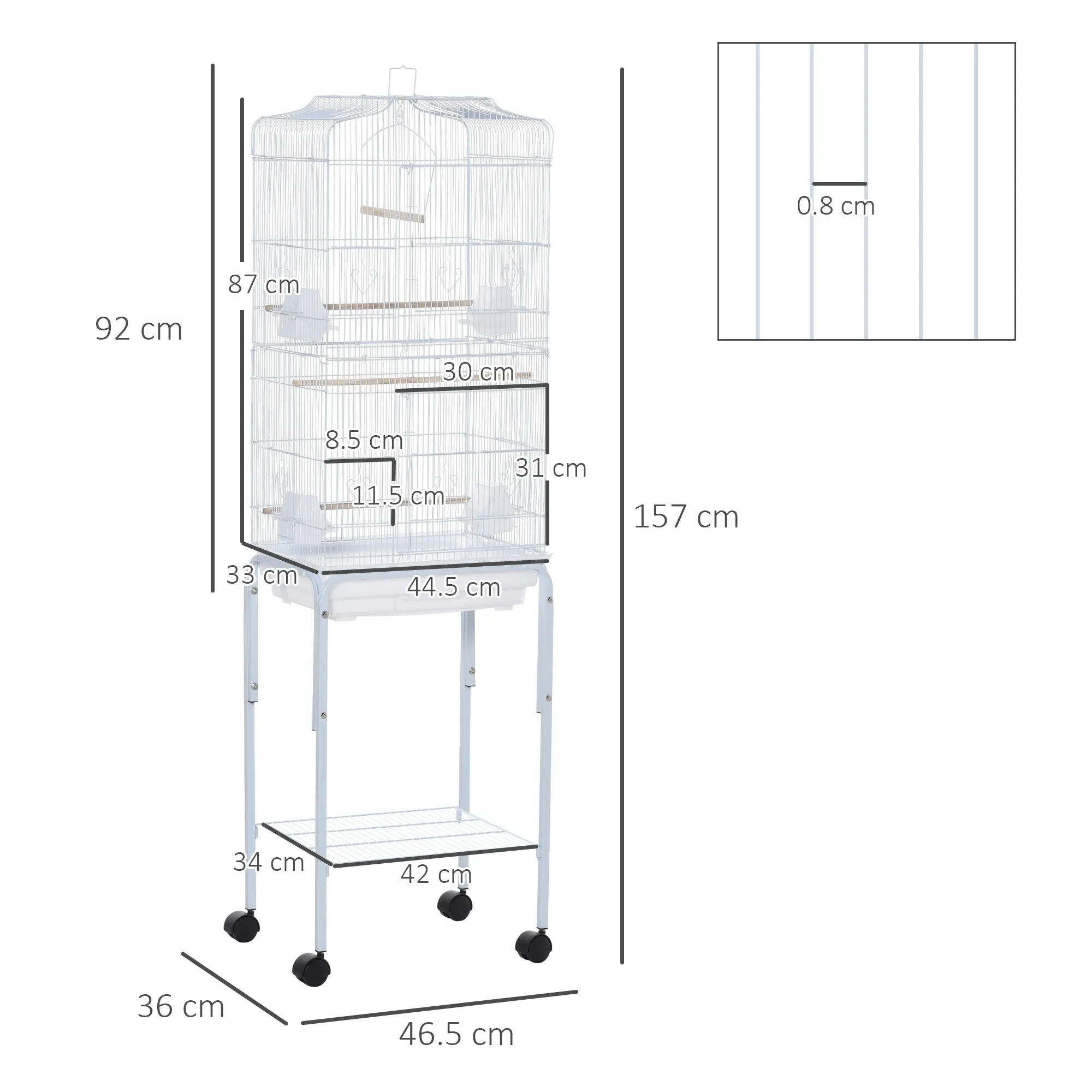 Bird Cage, Metal and Steel Aviary with Wheels, Perches and Bowls, 46.5x36x157cm, White - Image 3