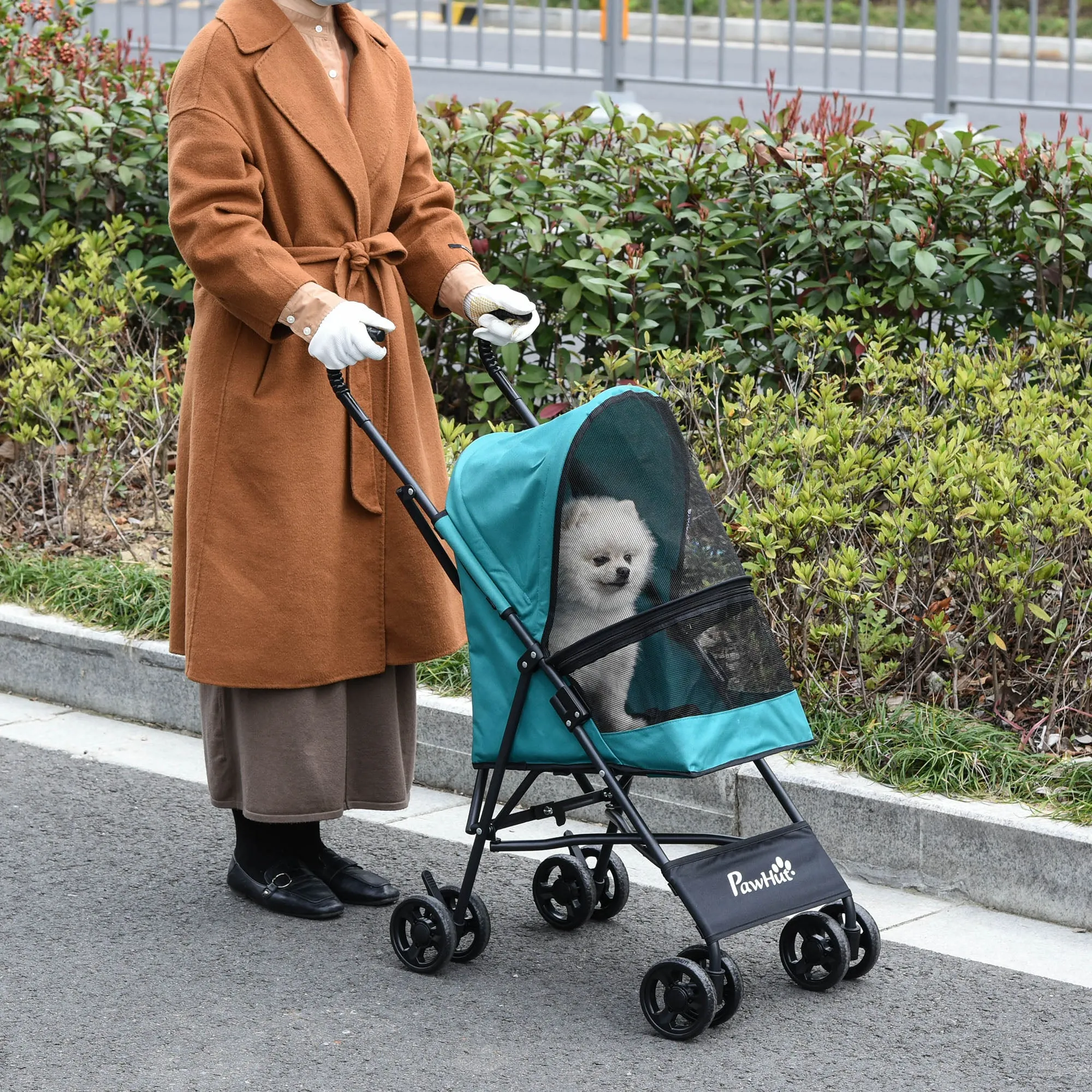 Folding Dog Stroller for Small Dogs, Swivel Wheels with EVA Brake and Safety Leash, 65x42x94cm Green - Image 2