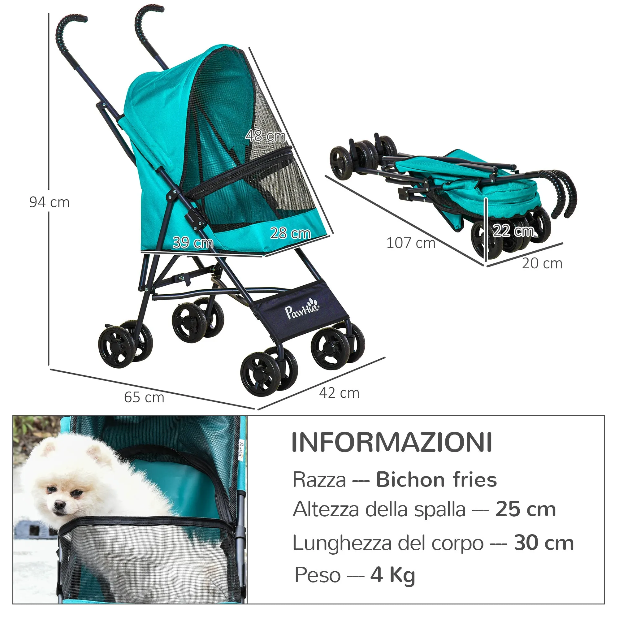 Folding Dog Stroller for Small Dogs, Swivel Wheels with EVA Brake and Safety Leash, 65x42x94cm Green - Image 3