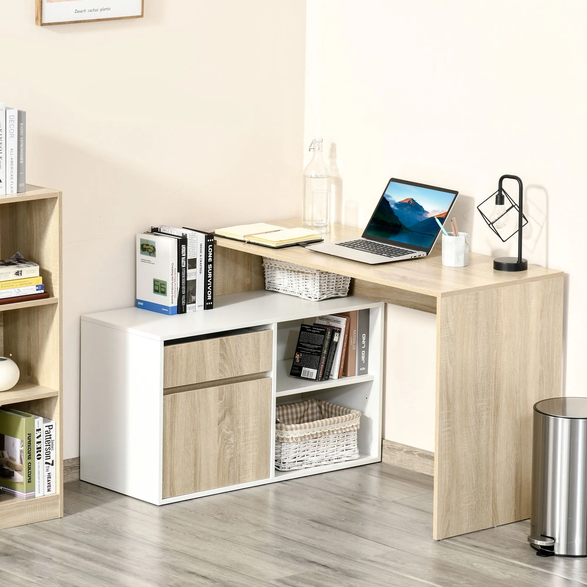 Corner Desk, Space-Saving Corner Computer Desk for Bedroom or Office, Oak and White Wood Desk - Image 2