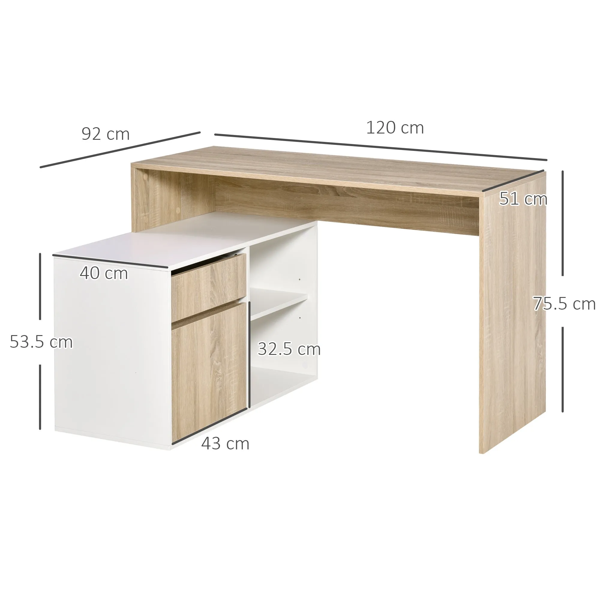 Corner Desk, Space-Saving Corner Computer Desk for Bedroom or Office, Oak and White Wood Desk - Image 3